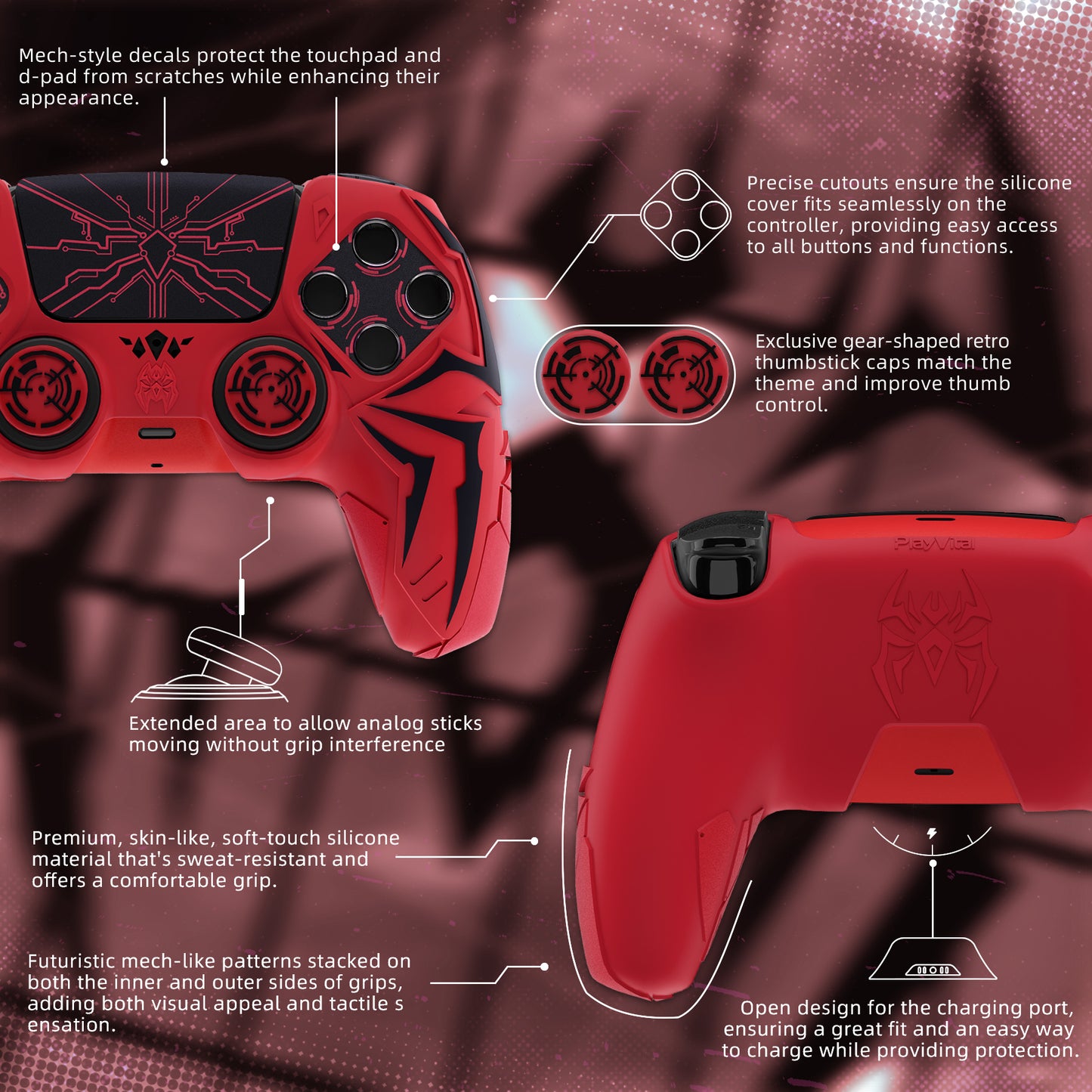 PlayVital ps5コントローラー対応用サイバースパイダーデザインシリコン保護カバー、サムグリップキャップ2個やステッカー6枚付属、充電ドック対応【レッド&ブラック】