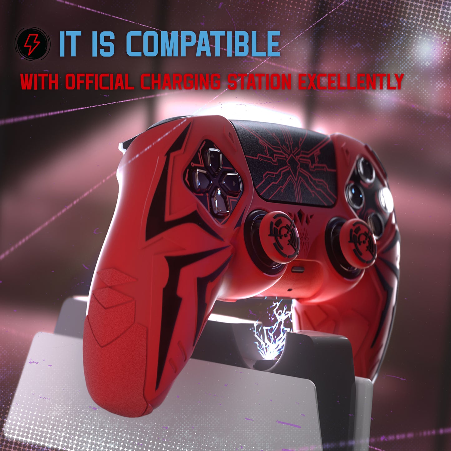 PlayVital ps5コントローラー対応用サイバースパイダーデザインシリコン保護カバー、サムグリップキャップ2個やステッカー6枚付属、充電ドック対応【レッド&ブラック】