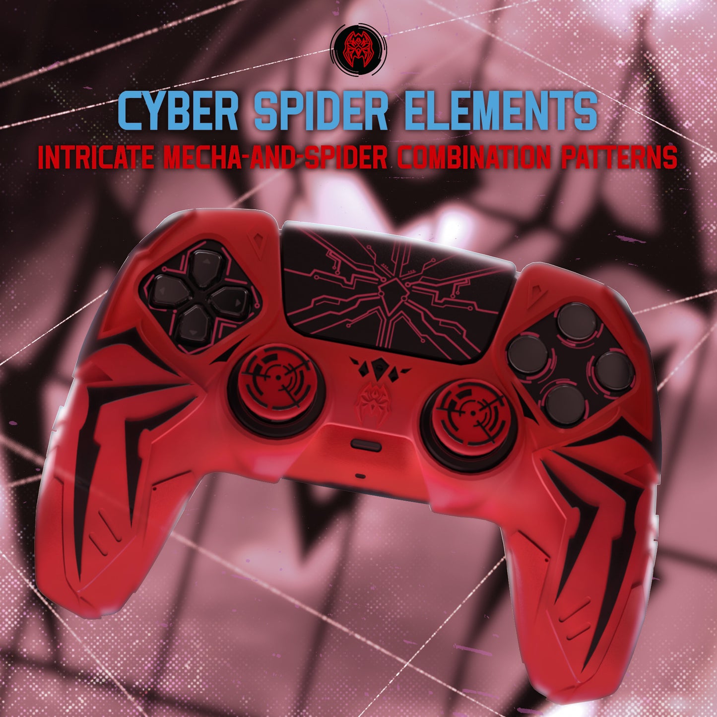 PlayVital ps5コントローラー対応用サイバースパイダーデザインシリコン保護カバー、サムグリップキャップ2個やステッカー6枚付属、充電ドック対応【レッド&ブラック】