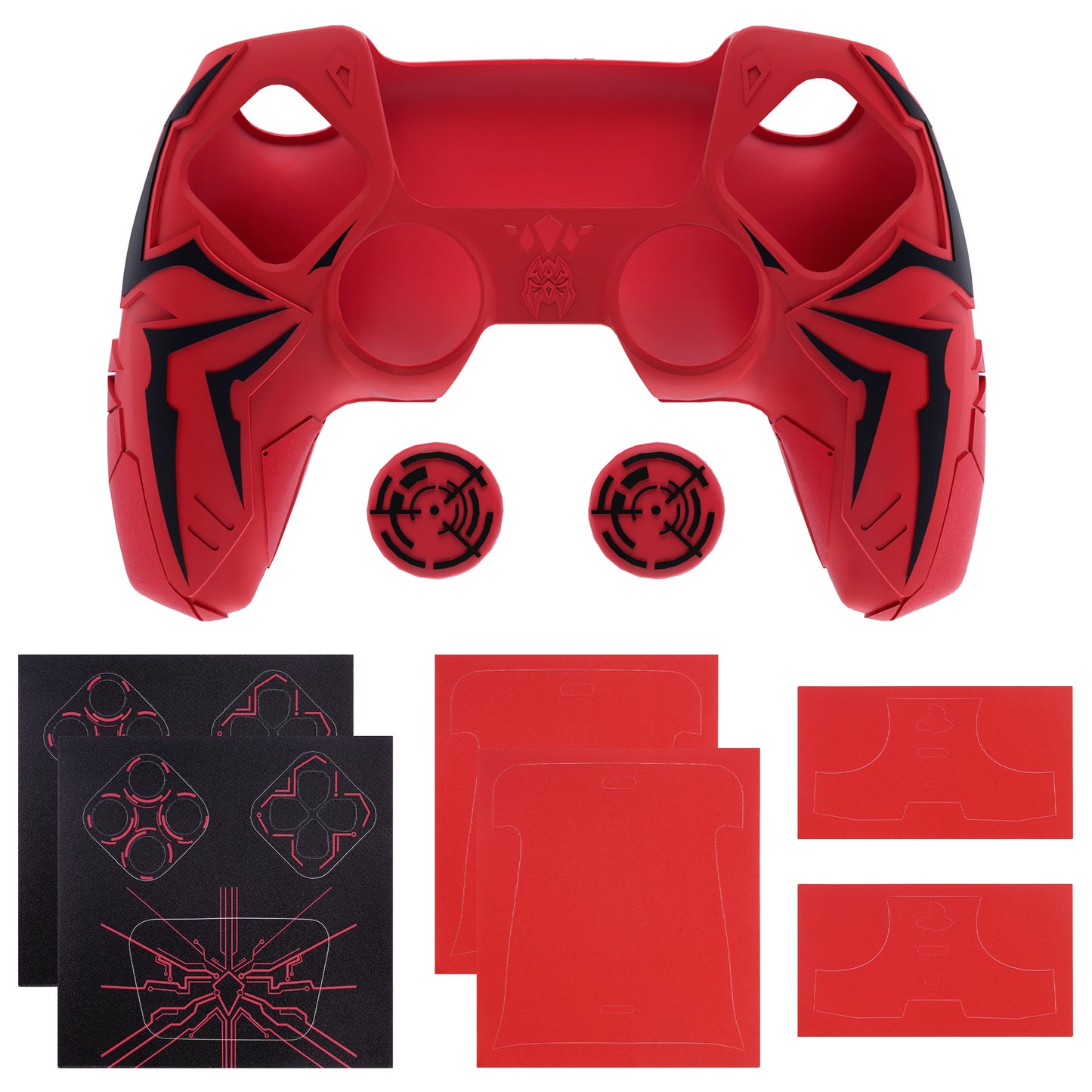 PlayVital ps5コントローラー対応用サイバースパイダーデザインシリコン保護カバー、サムグリップキャップ2個やステッカー6枚付属、充電ドック対応【レッド&ブラック】