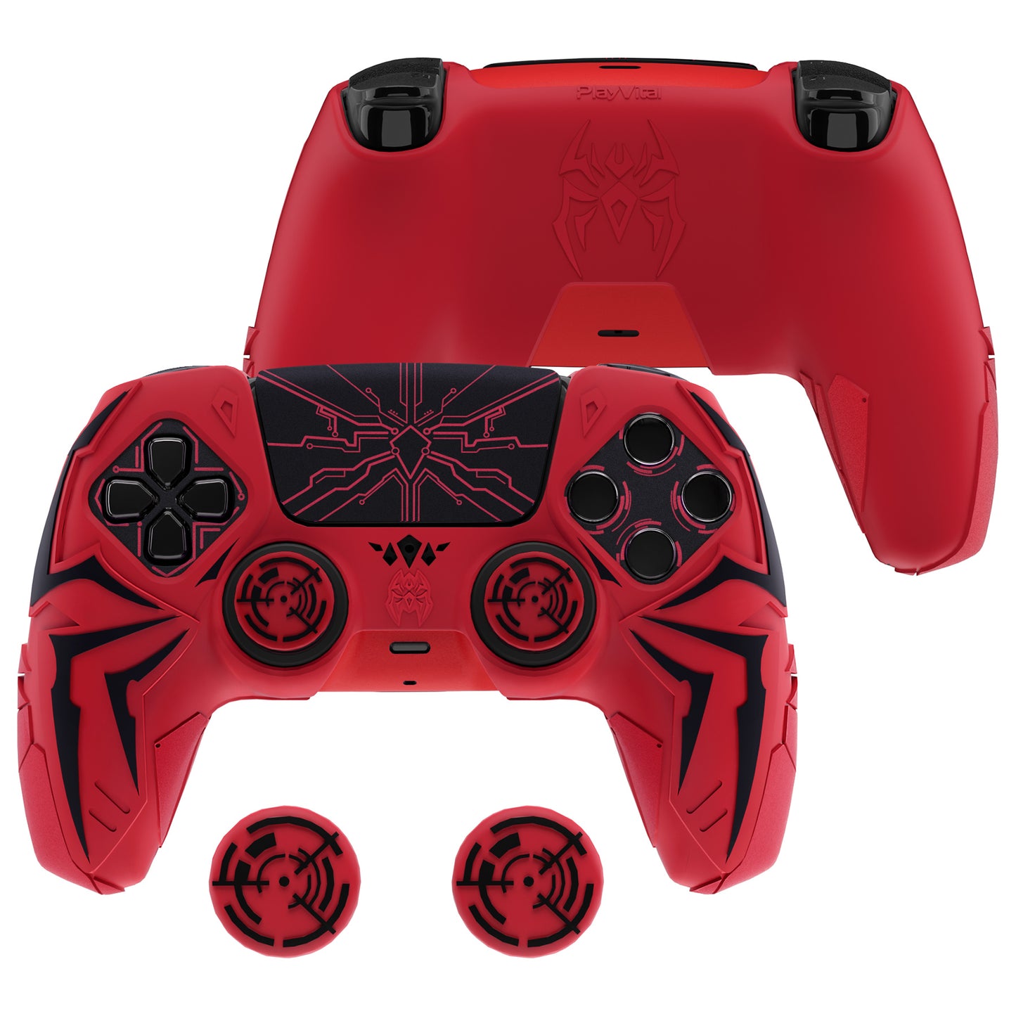 PlayVital ps5コントローラー対応用サイバースパイダーデザインシリコン保護カバー、サムグリップキャップ2個やステッカー6枚付属、充電ドック対応【レッド&ブラック】