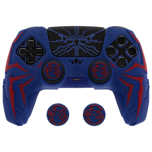 PlayVital ps5コントローラー対応用サイバースパイダーデザインシリコン保護カバー、サムグリップキャップ2個やステッカー6枚付属、充電ドック対応【レッド&ブルー】