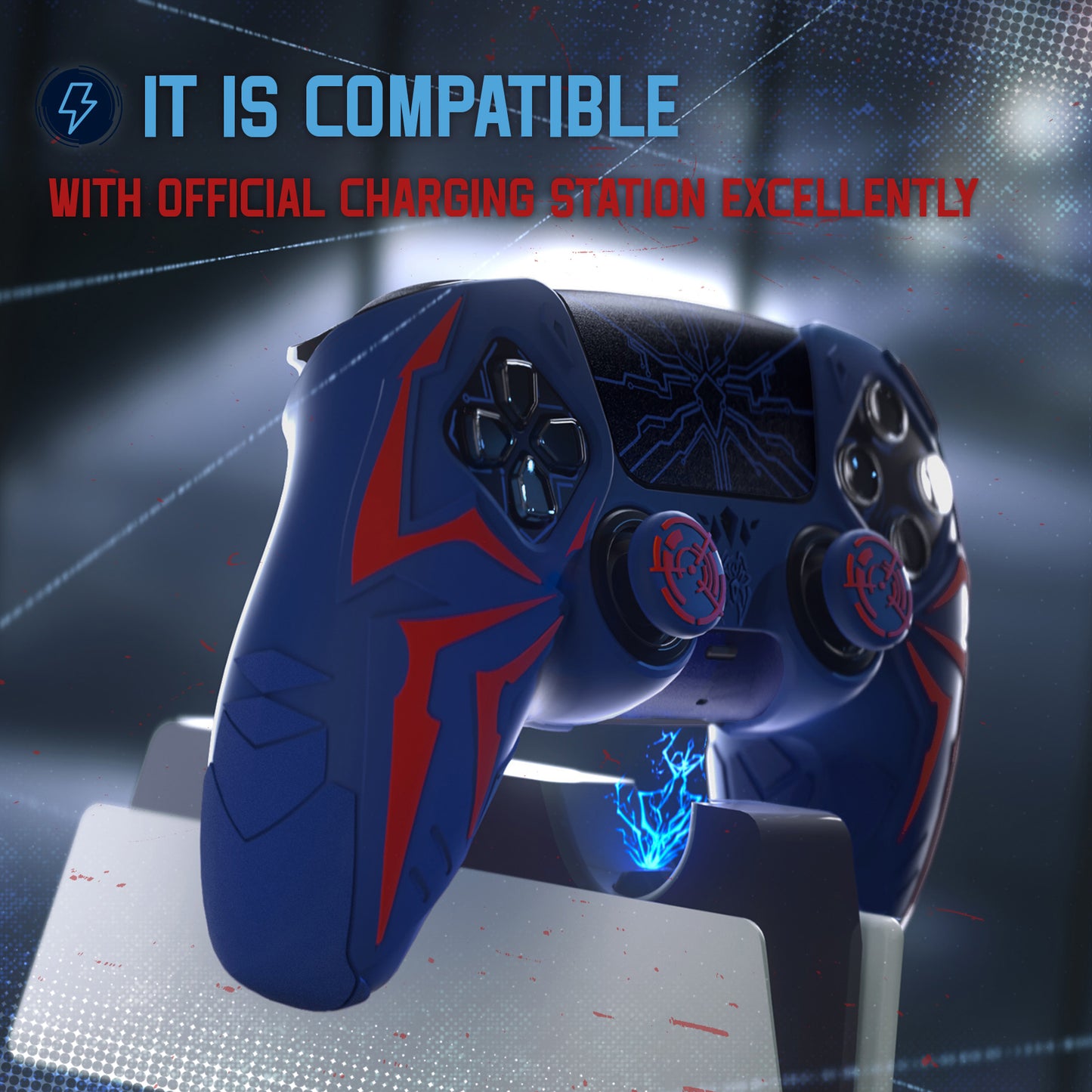 PlayVital ps5コントローラー対応用サイバースパイダーデザインシリコン保護カバー、サムグリップキャップ2個やステッカー6枚付属、充電ドック対応【レッド&ブルー】