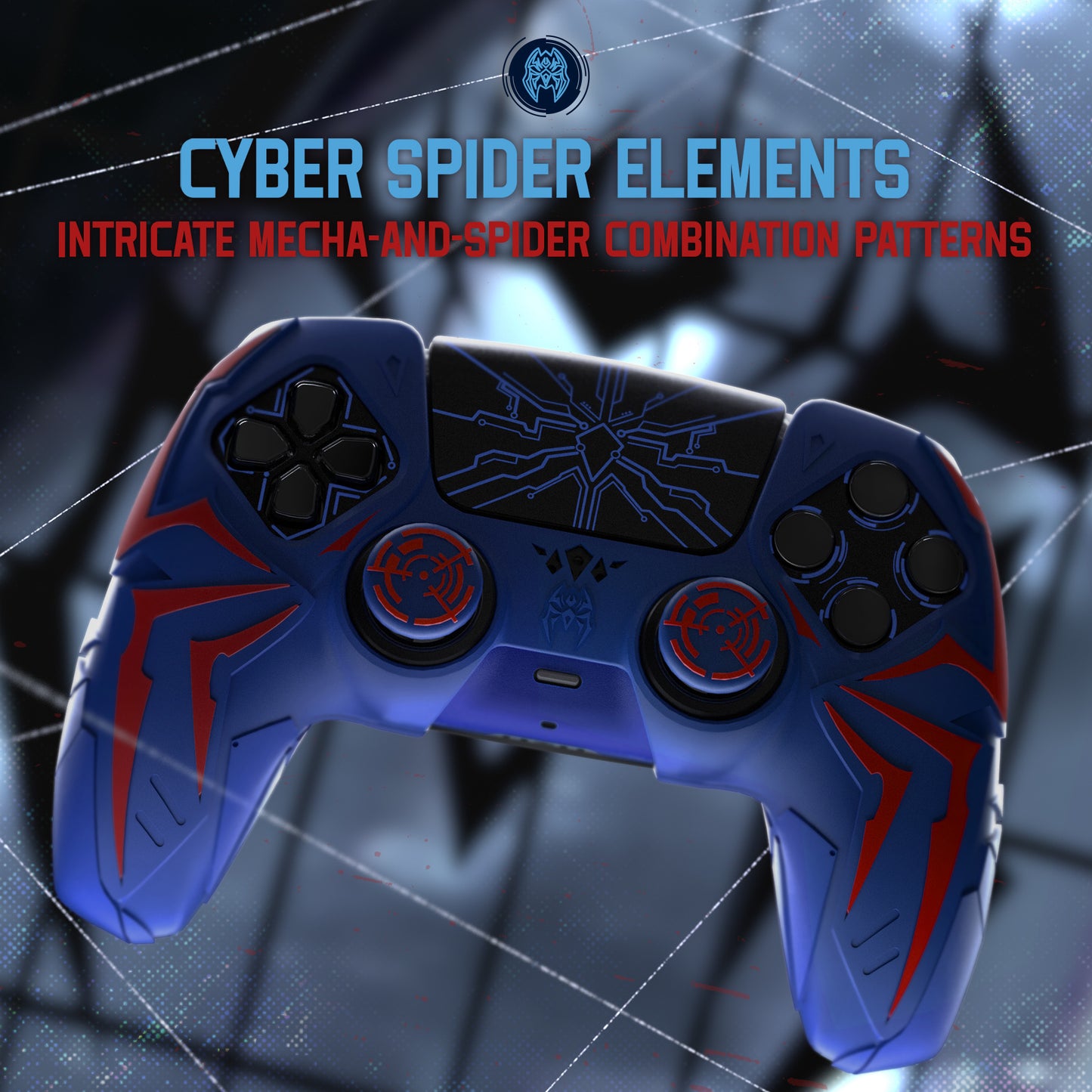 PlayVital ps5コントローラー対応用サイバースパイダーデザインシリコン保護カバー、サムグリップキャップ2個やステッカー6枚付属、充電ドック対応【レッド&ブルー】