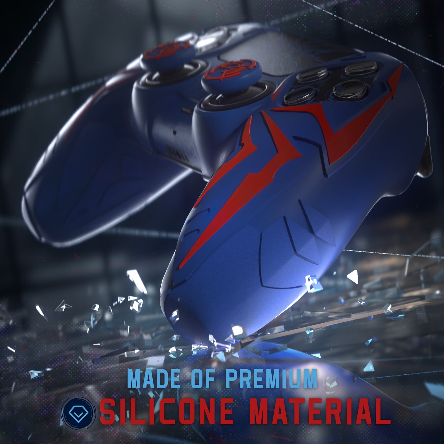 PlayVital ps5コントローラー対応用サイバースパイダーデザインシリコン保護カバー、サムグリップキャップ2個やステッカー6枚付属、充電ドック対応【レッド&ブルー】
