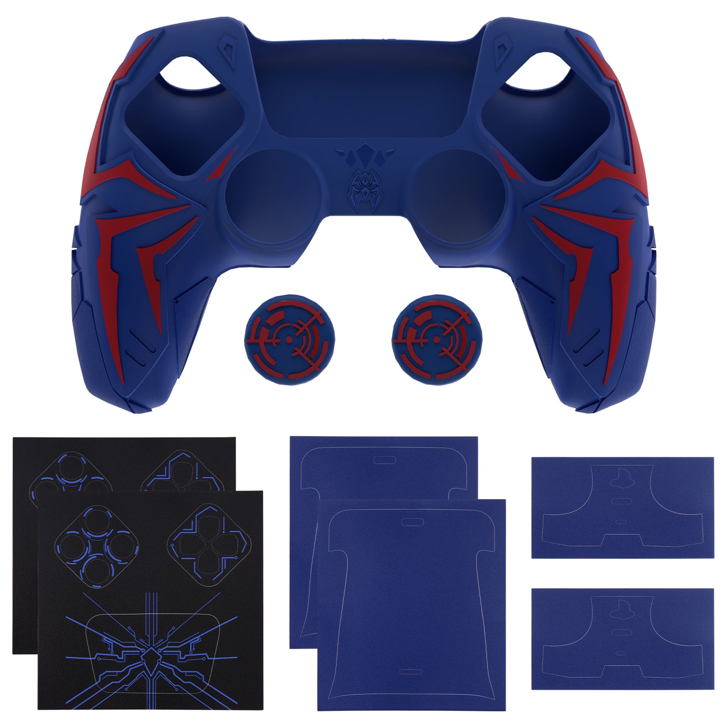 PlayVital ps5コントローラー対応用サイバースパイダーデザインシリコン保護カバー、サムグリップキャップ2個やステッカー6枚付属、充電ドック対応【レッド&ブルー】