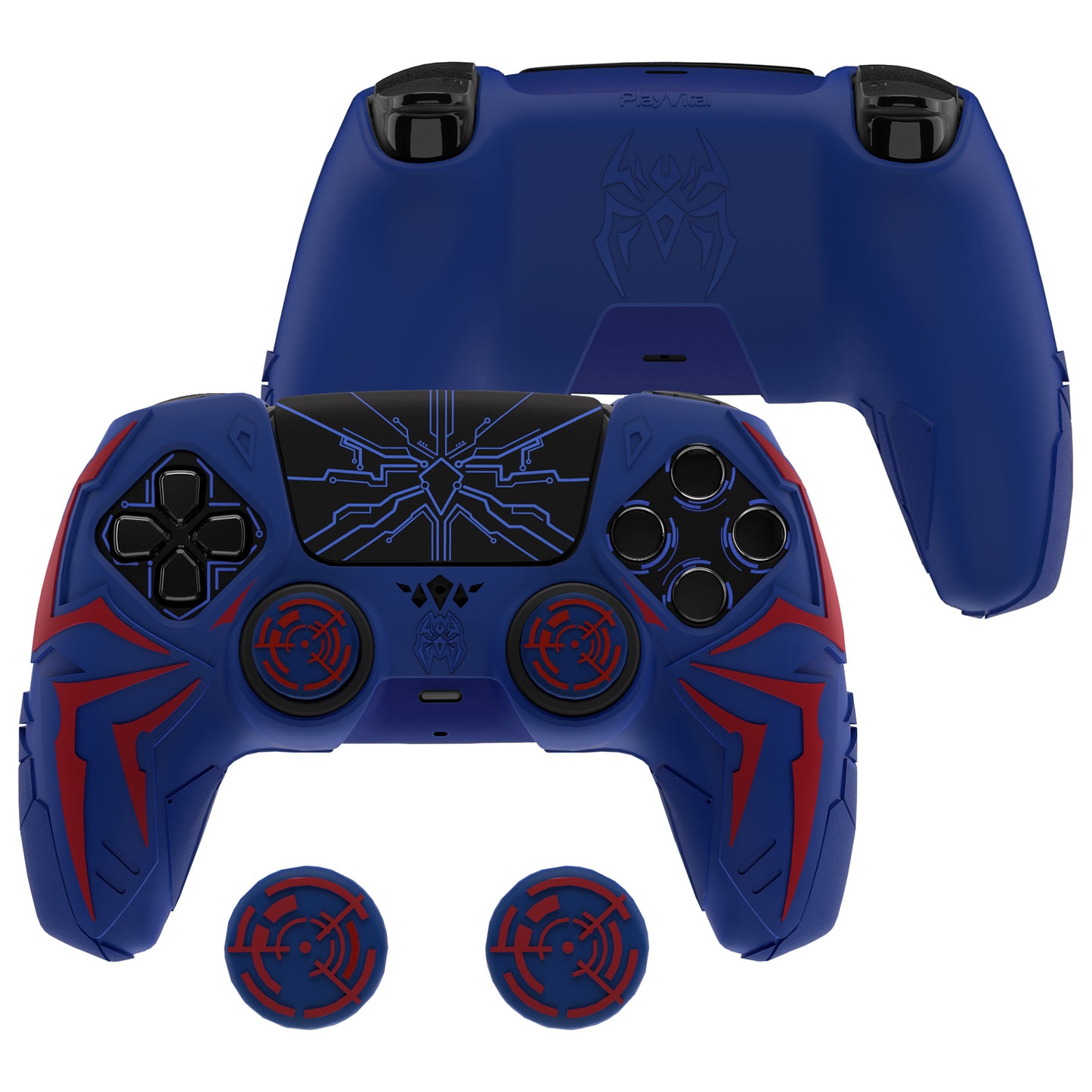PlayVital ps5コントローラー対応用サイバースパイダーデザインシリコン保護カバー、サムグリップキャップ2個やステッカー6枚付属、充電ドック対応【レッド&ブルー】