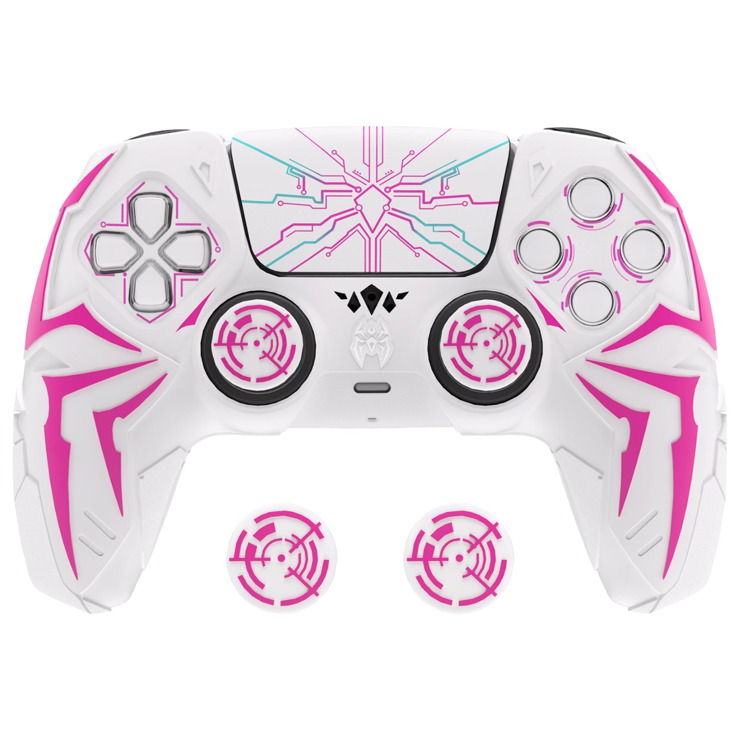 PlayVital ps5コントローラー対応用サイバースパイダーデザインシリコン保護カバー、サムグリップキャップ2個やステッカー6枚付属、充電ドック対応【ホワイト&ピンク】