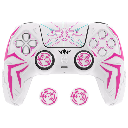 PlayVital ps5コントローラー対応用サイバースパイダーデザインシリコン保護カバー、サムグリップキャップ2個やステッカー6枚付属、充電ドック対応【ホワイト&ピンク】