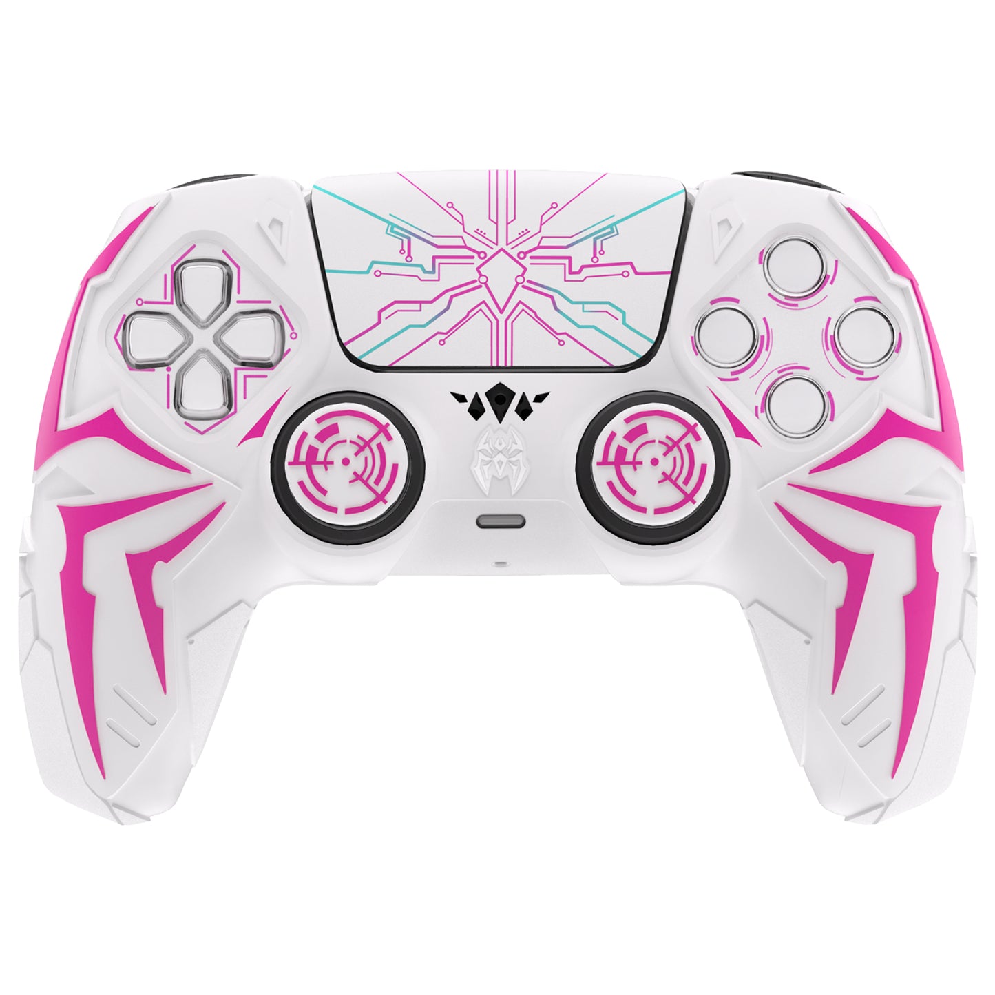 PlayVital ps5コントローラー対応用サイバースパイダーデザインシリコン保護カバー、サムグリップキャップ2個やステッカー6枚付属、充電ドック対応【ホワイト&ピンク】