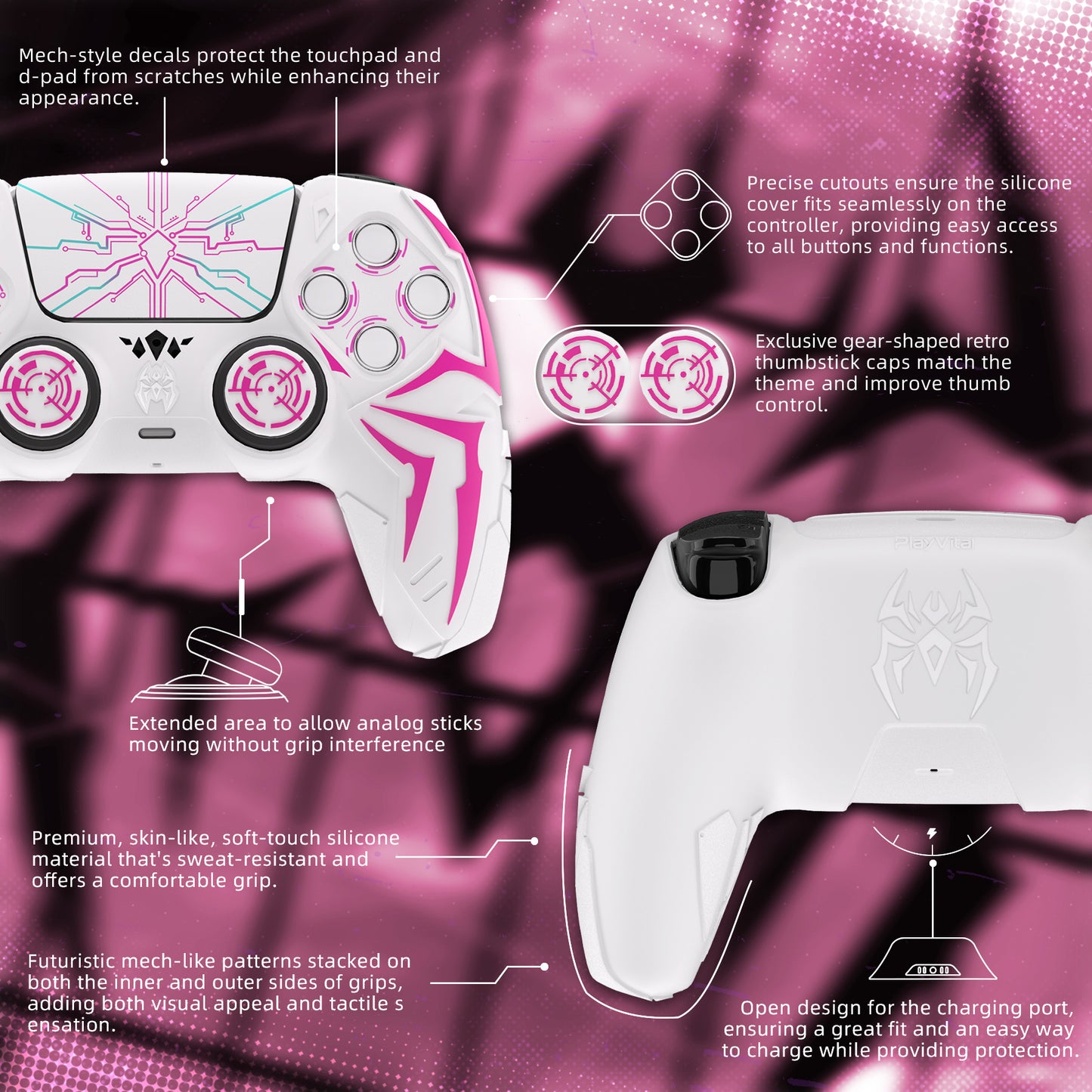 PlayVital ps5コントローラー対応用サイバースパイダーデザインシリコン保護カバー、サムグリップキャップ2個やステッカー6枚付属、充電ドック対応【ホワイト&ピンク】
