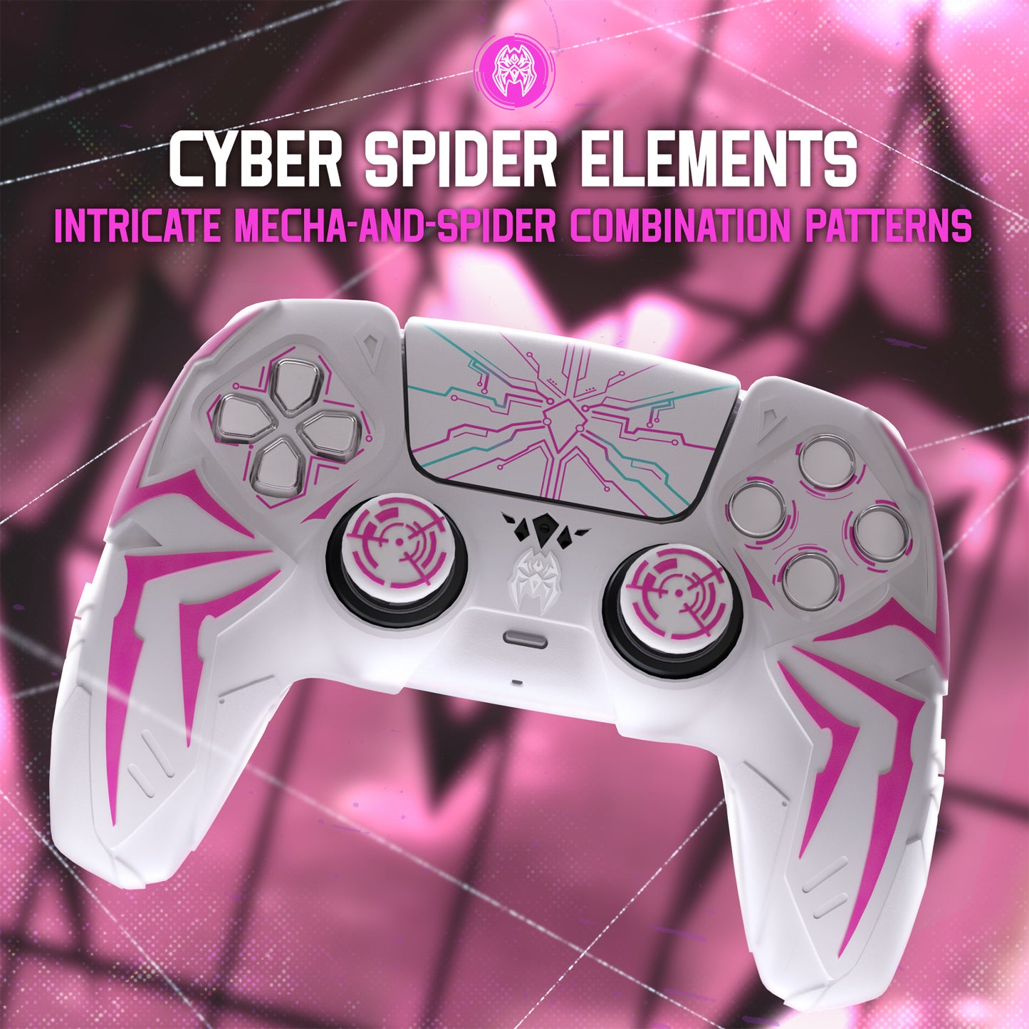PlayVital ps5コントローラー対応用サイバースパイダーデザインシリコン保護カバー、サムグリップキャップ2個やステッカー6枚付属、充電ドック対応【ホワイト&ピンク】