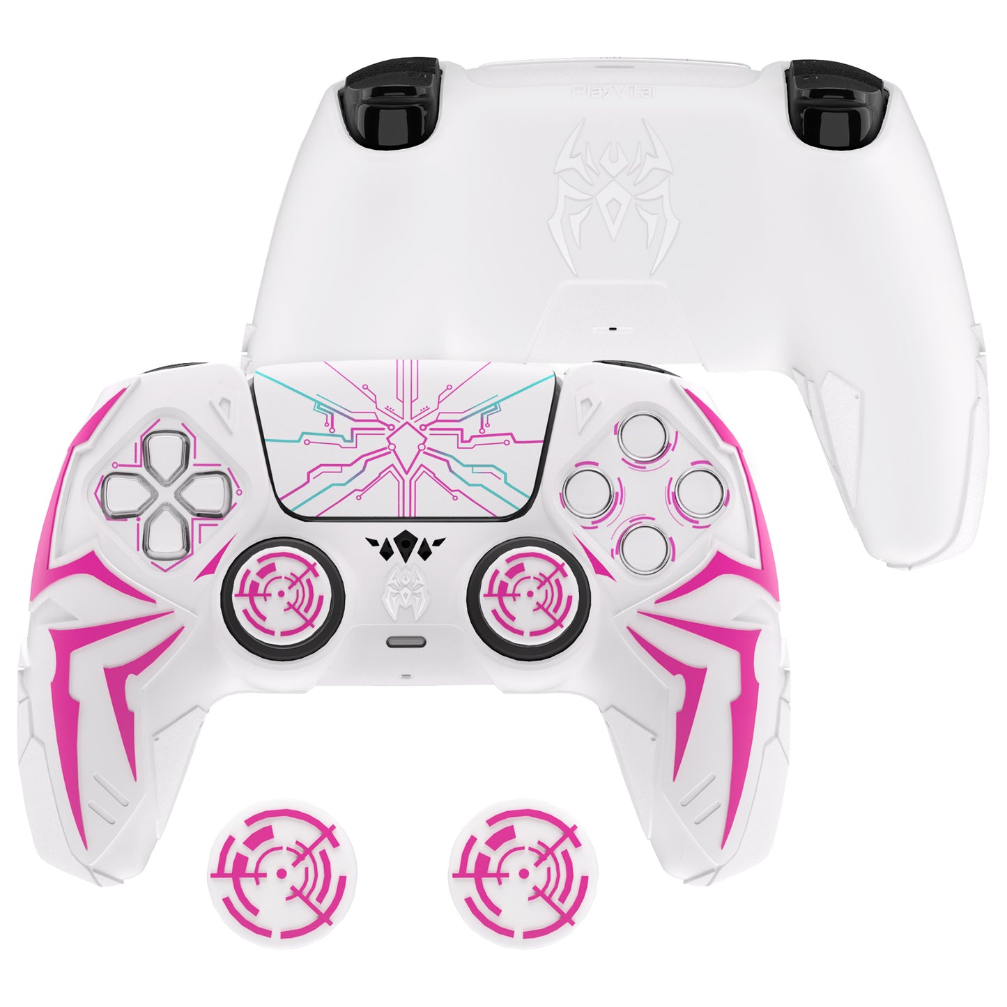 PlayVital ps5コントローラー対応用サイバースパイダーデザインシリコン保護カバー、サムグリップキャップ2個やステッカー6枚付属、充電ドック対応【ホワイト&ピンク】