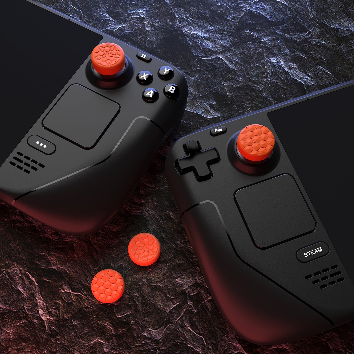 PlayVital Diamond Grain & Crack Bombデザイン サムグリップキャップ Steam Deck LCD & OLED、PS ポータルリモートプレーヤー用【オレンジ】
