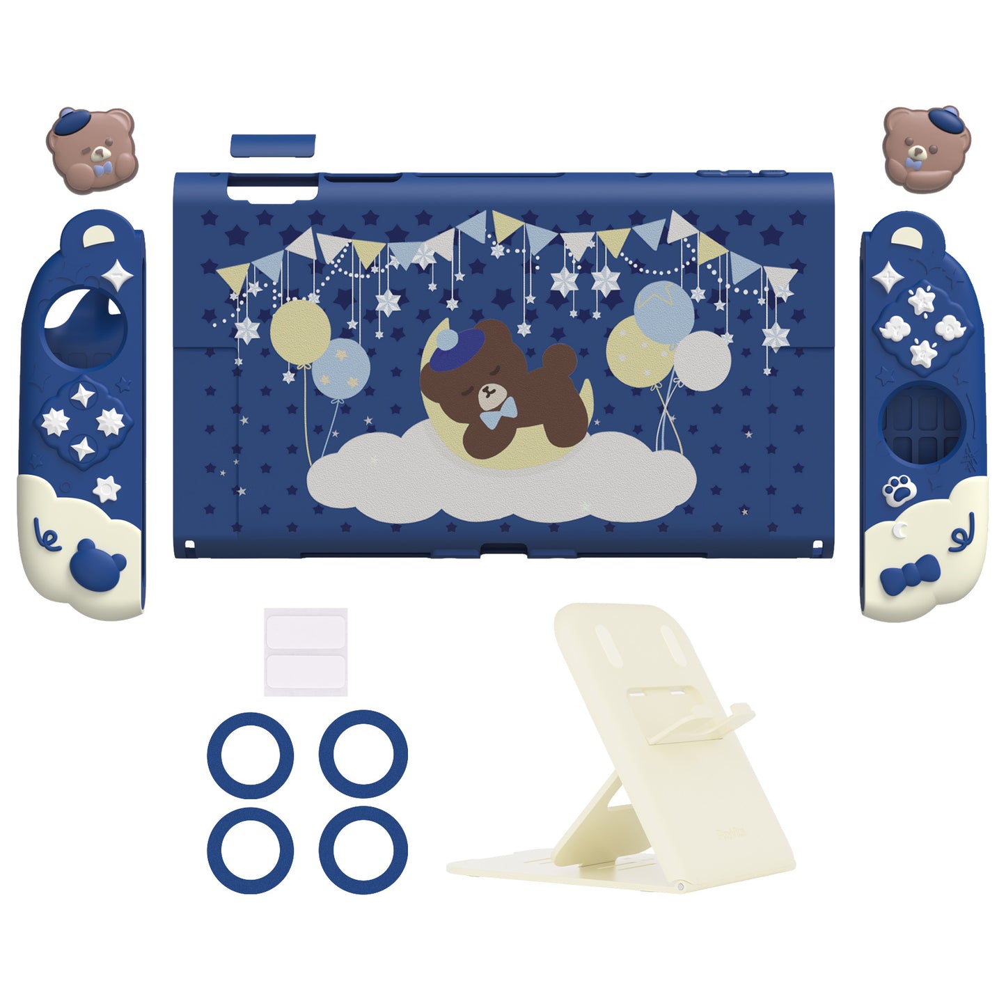PlayVital Good Night Bear Nintendo Switch 2(2025)対応保護カバーケース シリコン製セパレートグリップ+PC製ハードバックカバー 親指グリップキャップ付き 【ブルー】