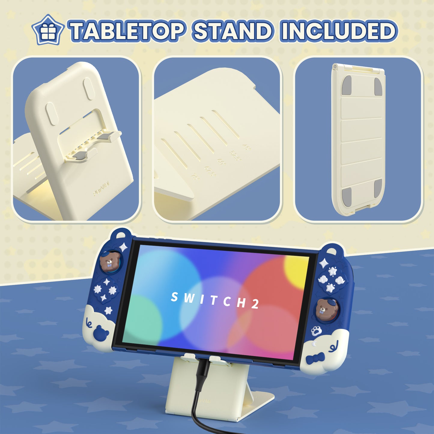 PlayVital Good Night Bear Nintendo Switch 2(2025)対応保護カバーケース シリコン製セパレートグリップ+PC製ハードバックカバー 親指グリップキャップ付き 【ブルー】