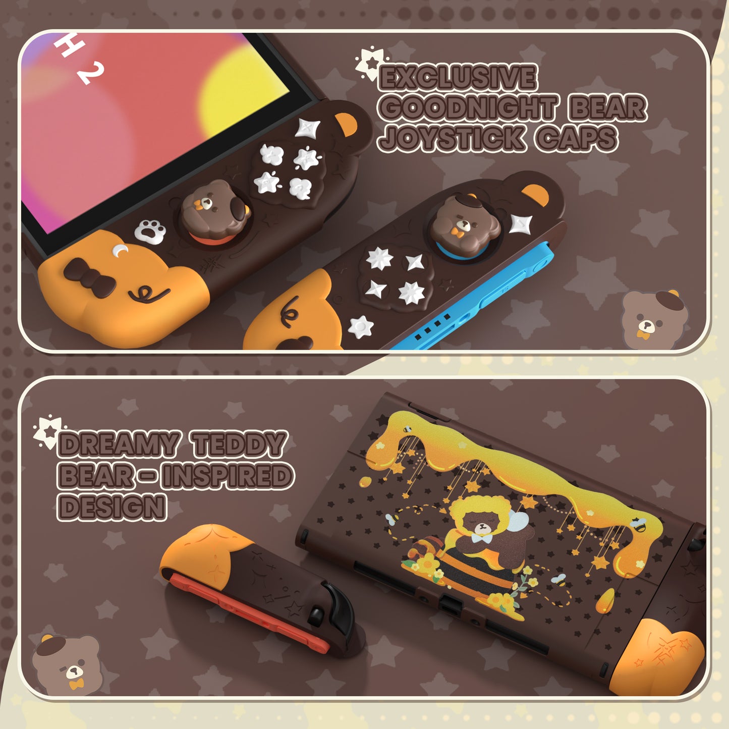 PlayVital Good Night Bear Nintendo Switch 2(2025)対応保護カバーケース シリコン製セパレートグリップ+PC製ハードバックカバー 親指グリップキャップ付き 【茶色】