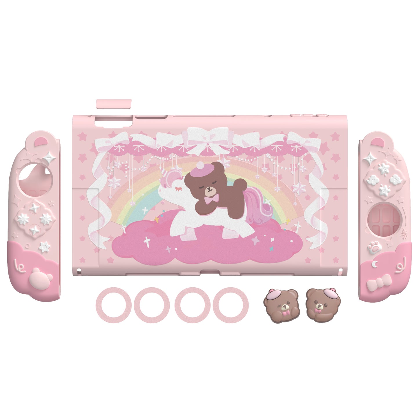 PlayVital Good Night Bear Nintendo Switch 2(2025)対応保護カバーケース シリコン製セパレートグリップ+PC製ハードバックカバー 親指グリップキャップ付き 【ピンク】