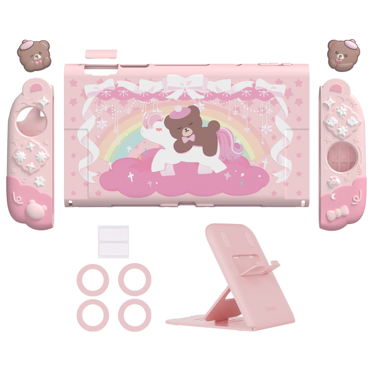 PlayVital Good Night Bear Nintendo Switch 2(2025)対応保護カバーケース シリコン製セパレートグリップ+PC製ハードバックカバー 親指グリップキャップ付き 【ピンク】