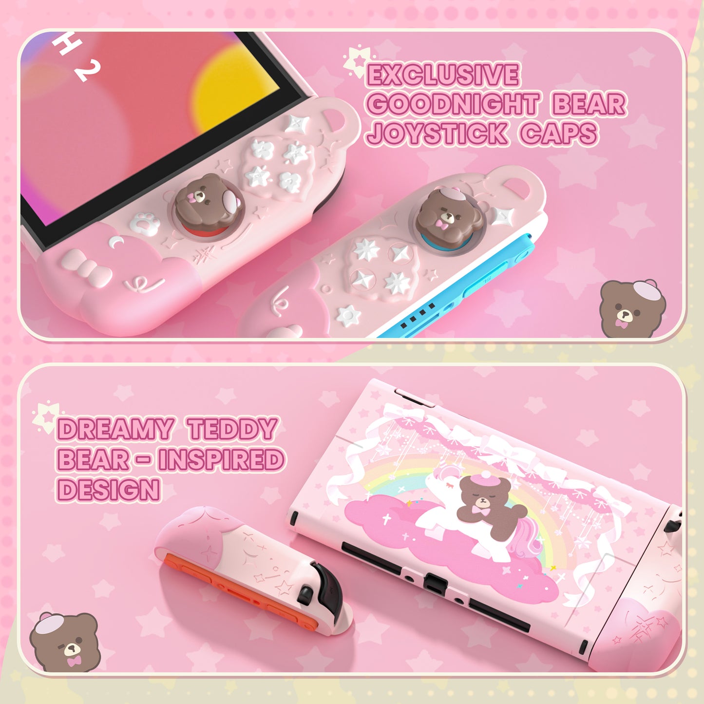 PlayVital Good Night Bear Nintendo Switch 2(2025)対応保護カバーケース シリコン製セパレートグリップ+PC製ハードバックカバー 親指グリップキャップ付き 【ピンク】