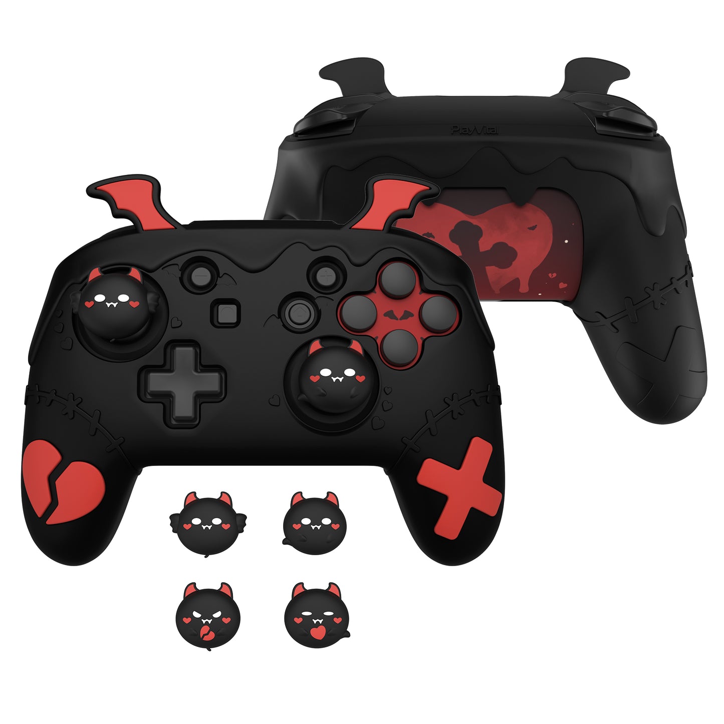 PlayVital Switch Proコントローラー対応用ゴシックインプシリーズ キュートなシリコン保護カバー、サムグリップ4つやステッカー2枚付き【ブラック】