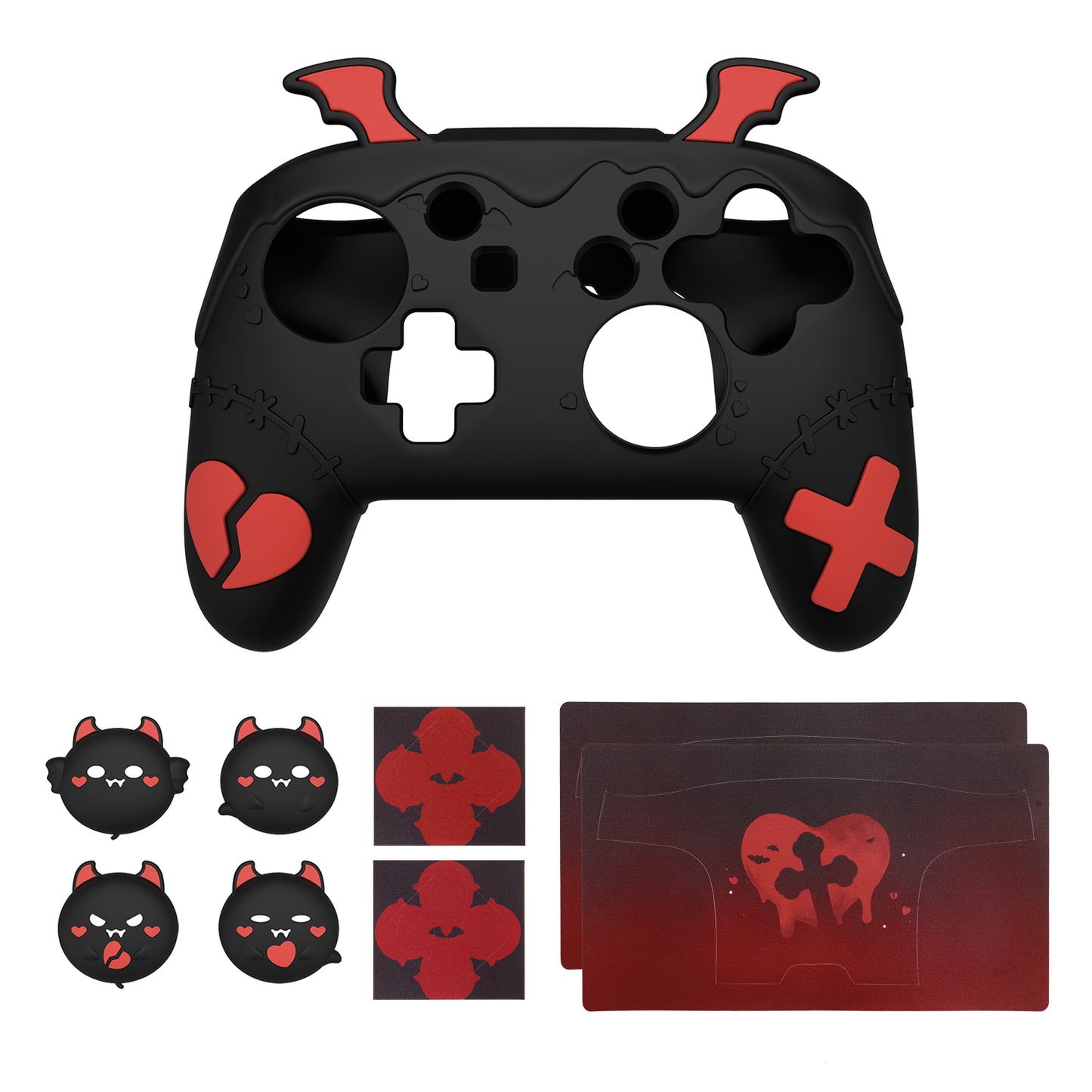 PlayVital Switch Proコントローラー対応用ゴシックインプシリーズ キュートなシリコン保護カバー、サムグリップ4つやステッカー2枚付き【ブラック】