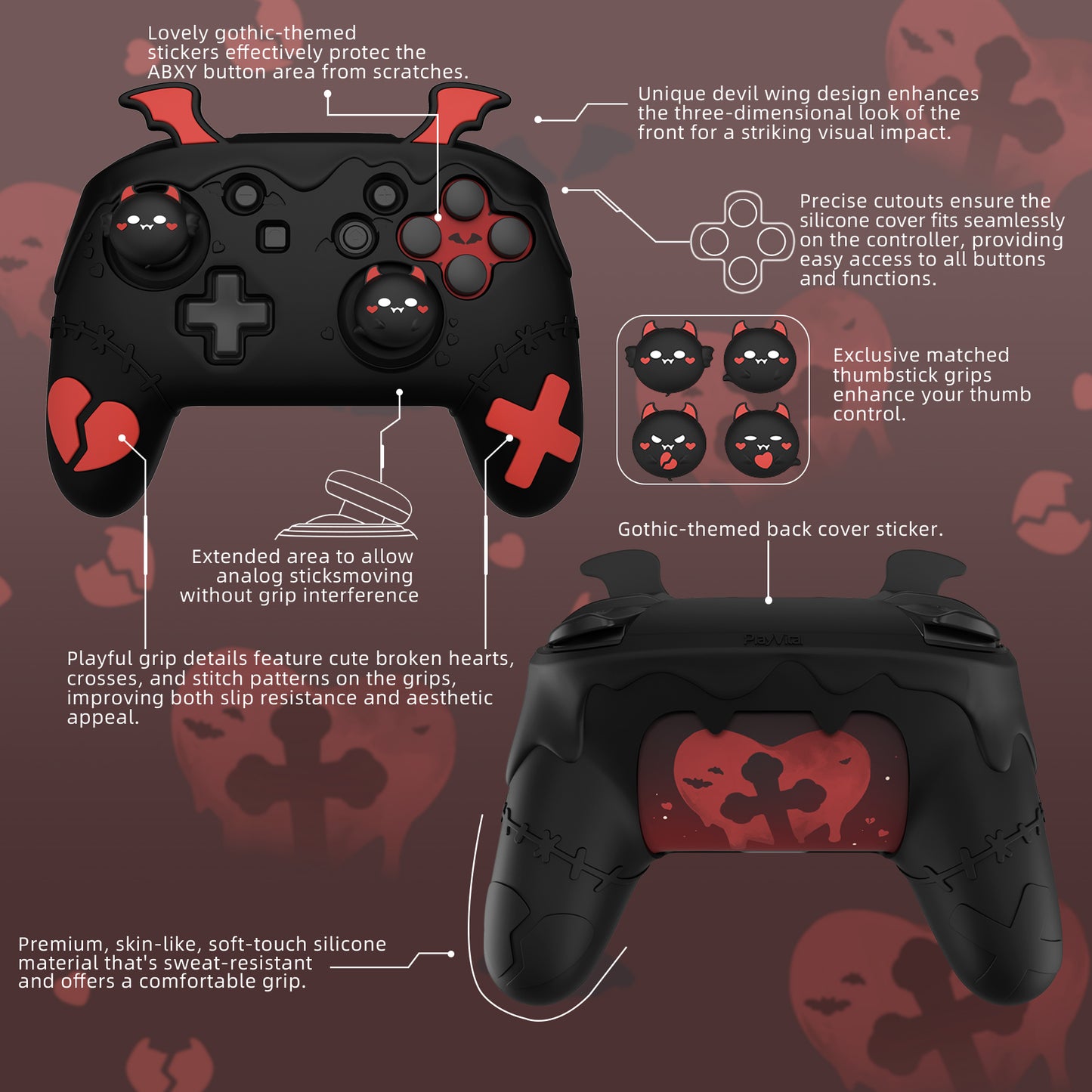 PlayVital Switch Proコントローラー対応用ゴシックインプシリーズ キュートなシリコン保護カバー、サムグリップ4つやステッカー2枚付き【ブラック】
