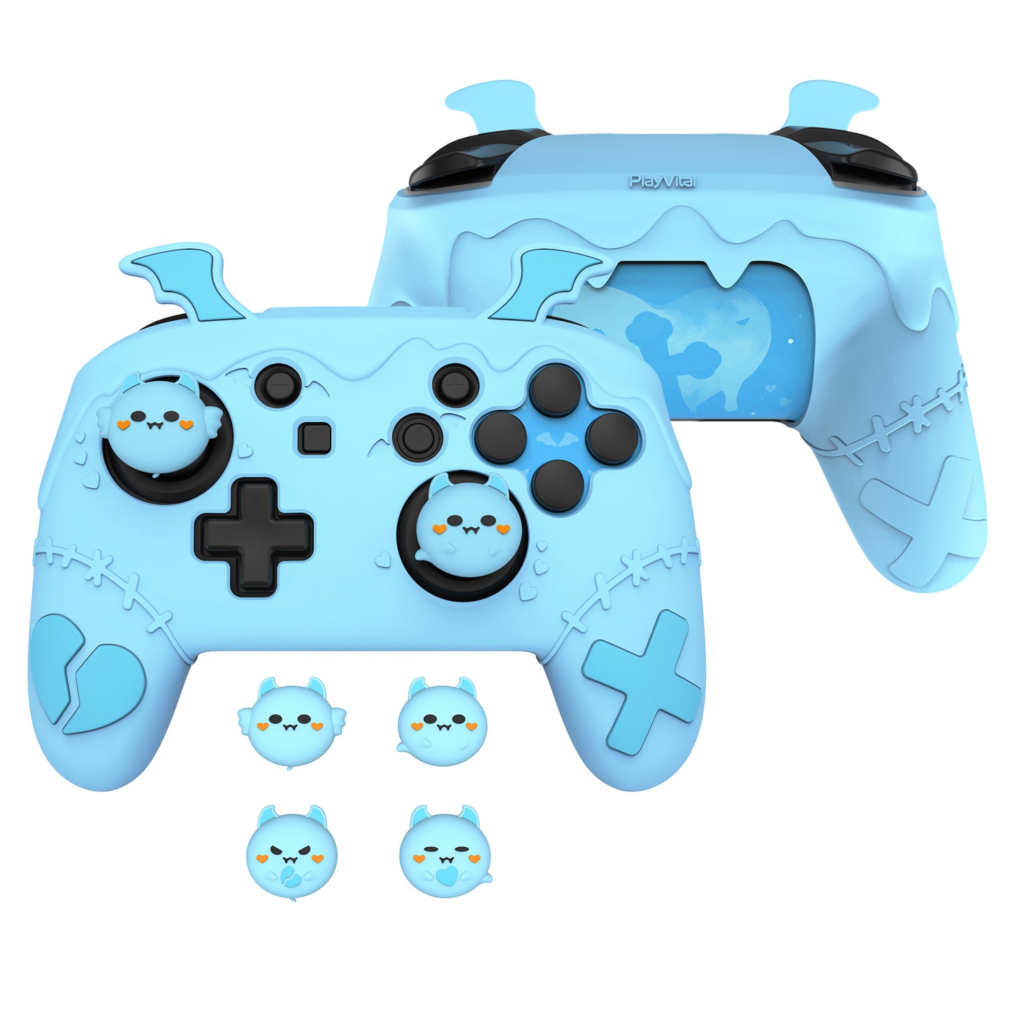 PlayVital Switch Proコントローラー対応用ゴシックインプシリーズ キュートなシリコン保護カバー、サムグリップ4つやステッカー2枚付き【アクアブルー】