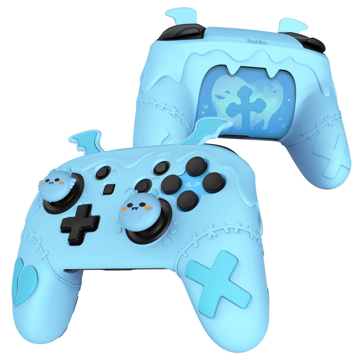 PlayVital Switch Proコントローラー対応用ゴシックインプシリーズ キュートなシリコン保護カバー、サムグリップ4つやステッカー2枚付き【アクアブルー】