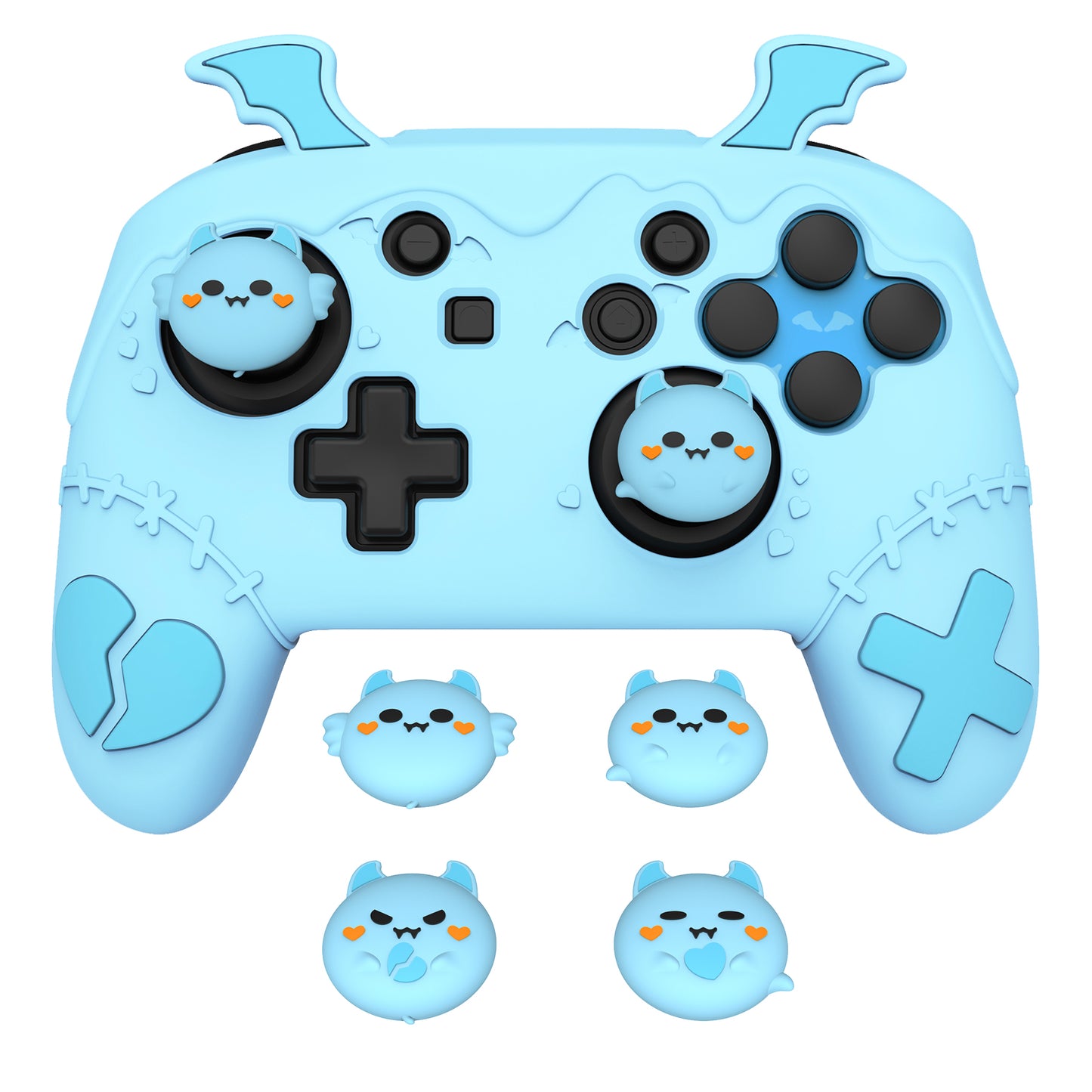PlayVital Switch Proコントローラー対応用ゴシックインプシリーズ キュートなシリコン保護カバー、サムグリップ4つやステッカー2枚付き【アクアブルー】