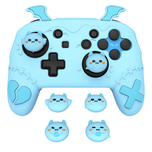 PlayVital Switch Proコントローラー対応用ゴシックインプシリーズ キュートなシリコン保護カバー、サムグリップ4つやステッカー2枚付き【アクアブルー】