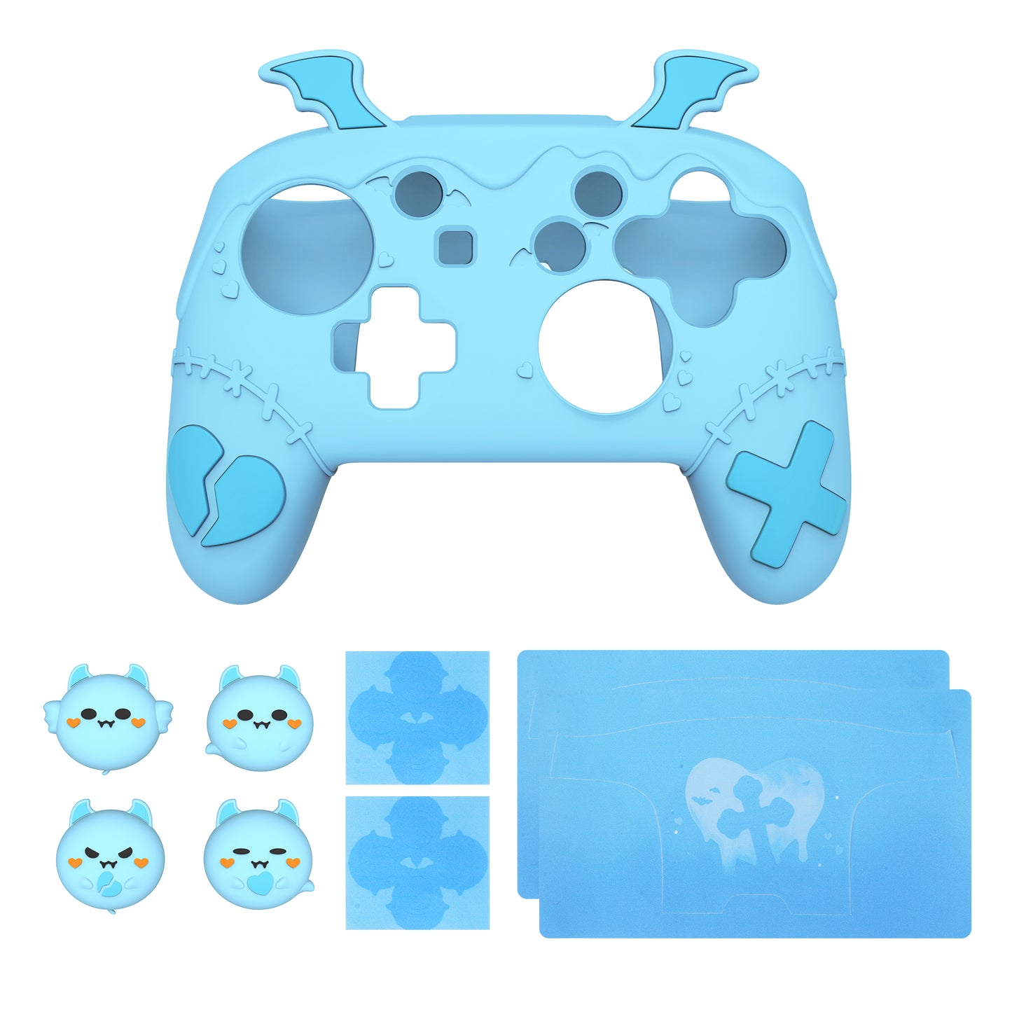 PlayVital Switch Proコントローラー対応用ゴシックインプシリーズ キュートなシリコン保護カバー、サムグリップ4つやステッカー2枚付き【アクアブルー】