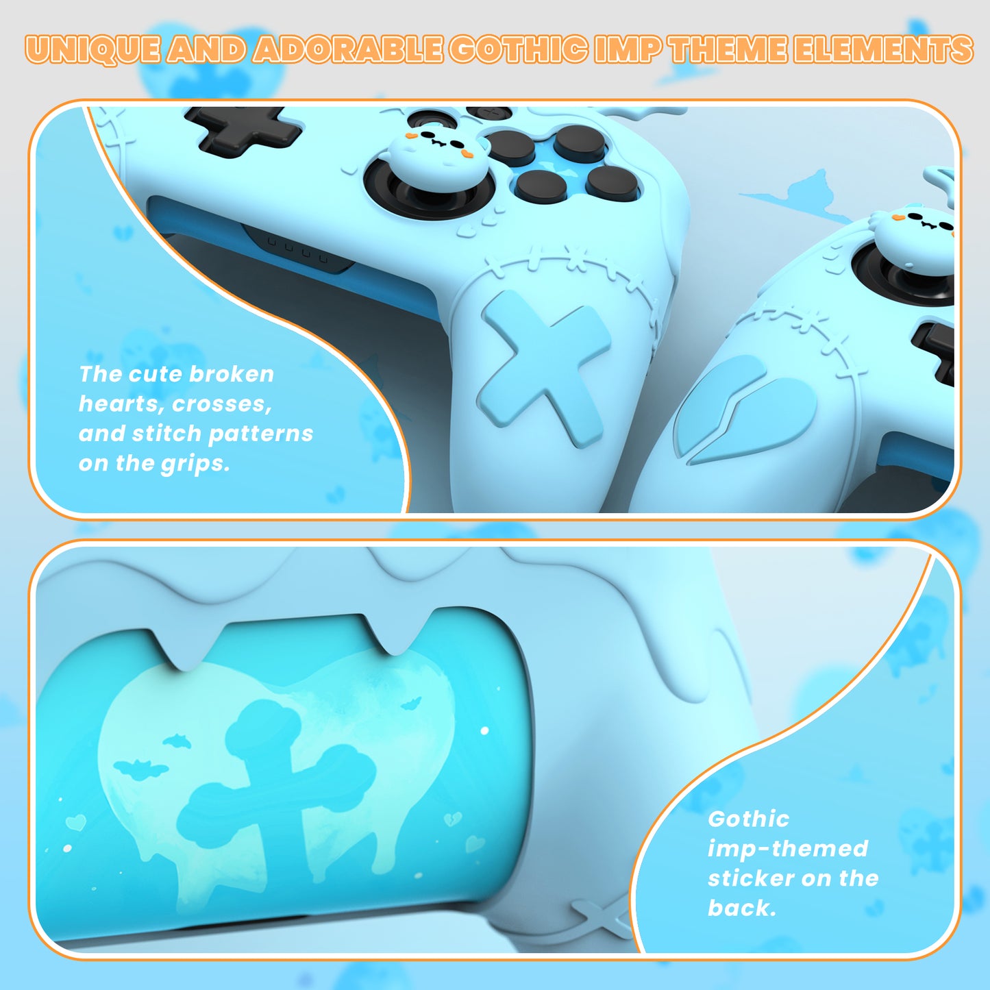PlayVital Switch Proコントローラー対応用ゴシックインプシリーズ キュートなシリコン保護カバー、サムグリップ4つやステッカー2枚付き【アクアブルー】