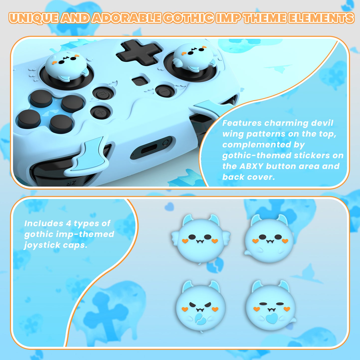 PlayVital Switch Proコントローラー対応用ゴシックインプシリーズ キュートなシリコン保護カバー、サムグリップ4つやステッカー2枚付き【アクアブルー】