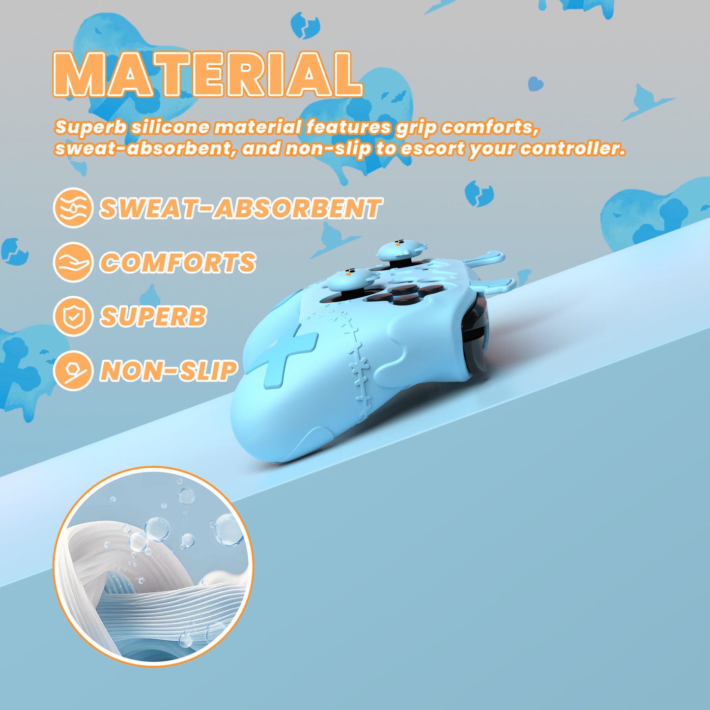 PlayVital Switch Proコントローラー対応用ゴシックインプシリーズ キュートなシリコン保護カバー、サムグリップ4つやステッカー2枚付き【アクアブルー】