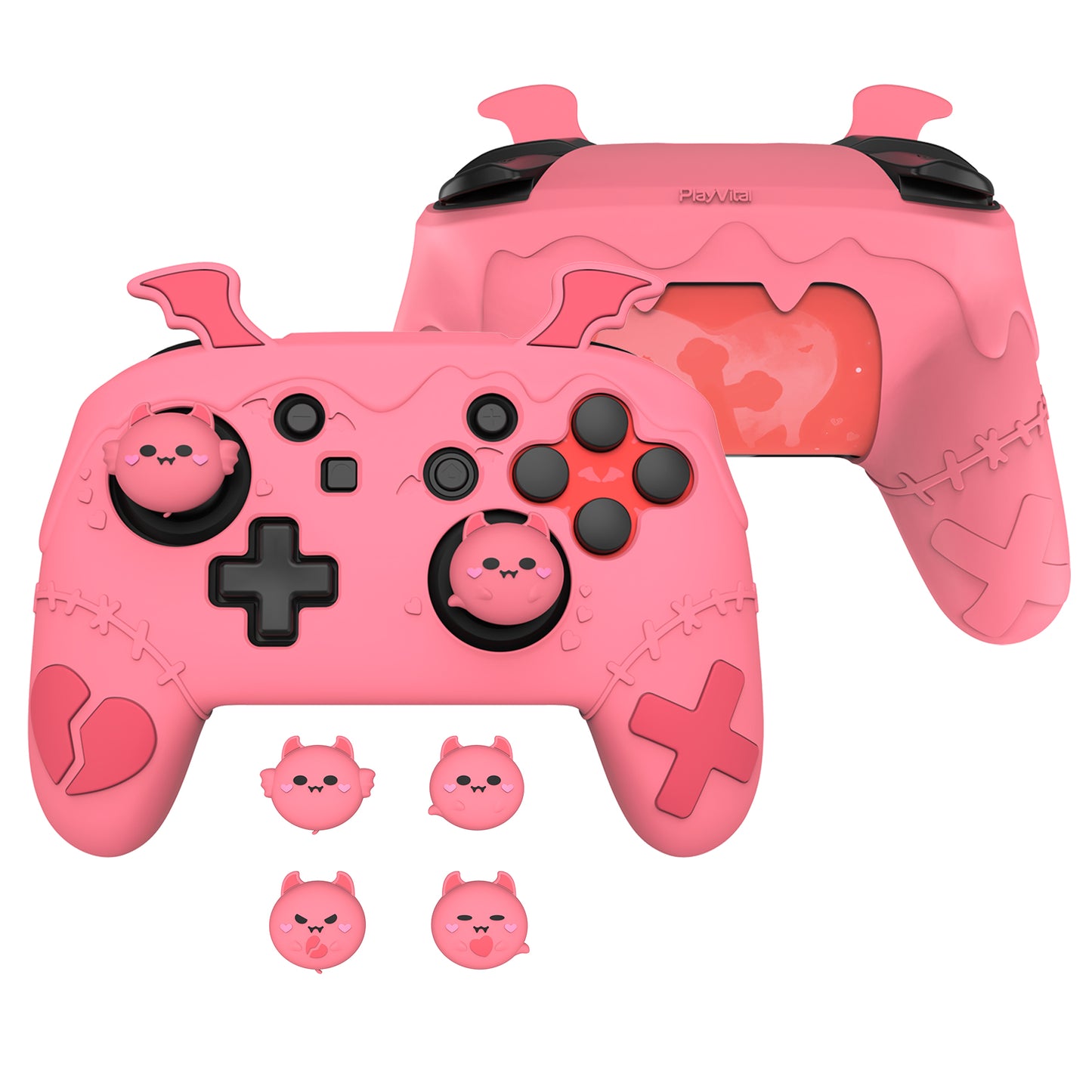 PlayVital Switch Proコントローラー対応用ゴシックインプシリーズ キュートなシリコン保護カバー、サムグリップ4つやステッカー2枚付き【ピーチピンク】