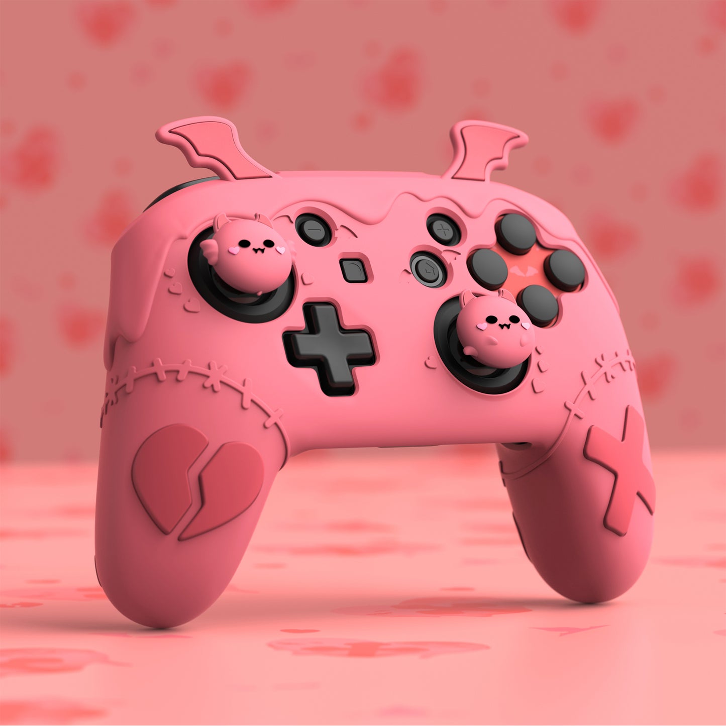 PlayVital Switch Proコントローラー対応用ゴシックインプシリーズ キュートなシリコン保護カバー、サムグリップ4つやステッカー2枚付き【ピーチピンク】