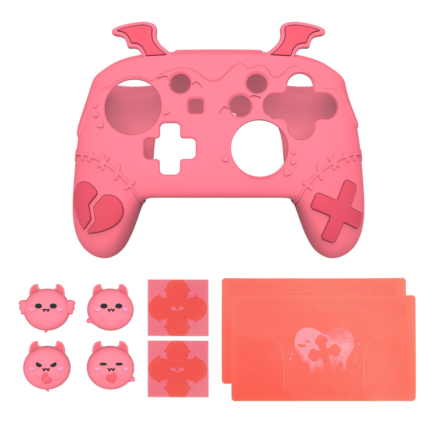 PlayVital Switch Proコントローラー対応用ゴシックインプシリーズ キュートなシリコン保護カバー、サムグリップ4つやステッカー2枚付き【ピーチピンク】