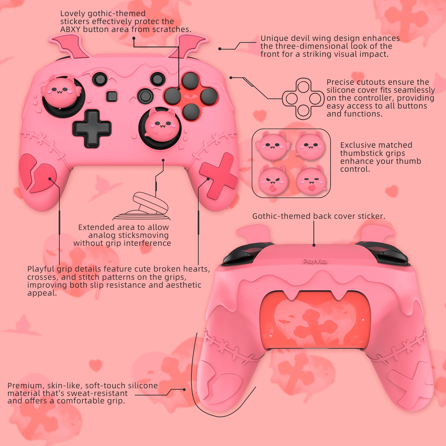 PlayVital Switch Proコントローラー対応用ゴシックインプシリーズ キュートなシリコン保護カバー、サムグリップ4つやステッカー2枚付き【ピーチピンク】