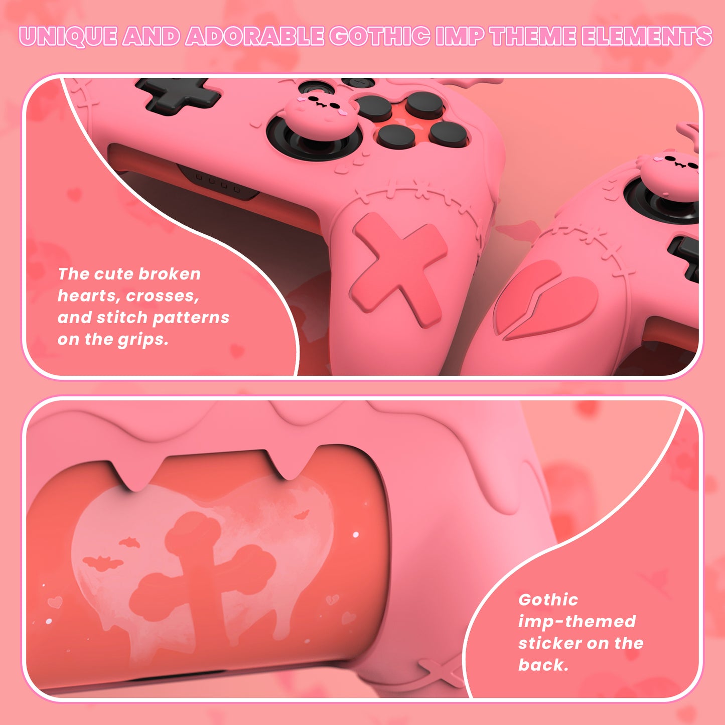 PlayVital Switch Proコントローラー対応用ゴシックインプシリーズ キュートなシリコン保護カバー、サムグリップ4つやステッカー2枚付き【ピーチピンク】
