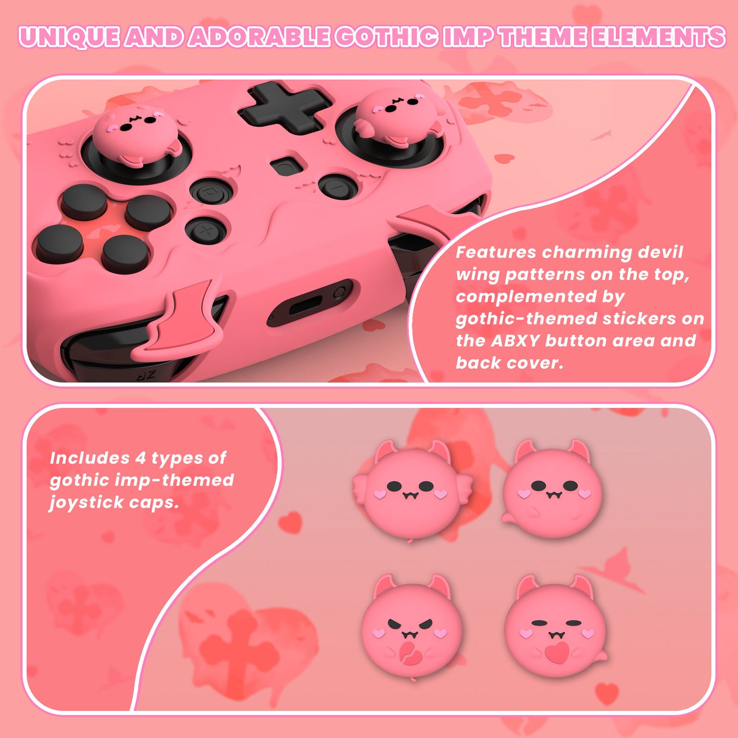 PlayVital Switch Proコントローラー対応用ゴシックインプシリーズ キュートなシリコン保護カバー、サムグリップ4つやステッカー2枚付き【ピーチピンク】