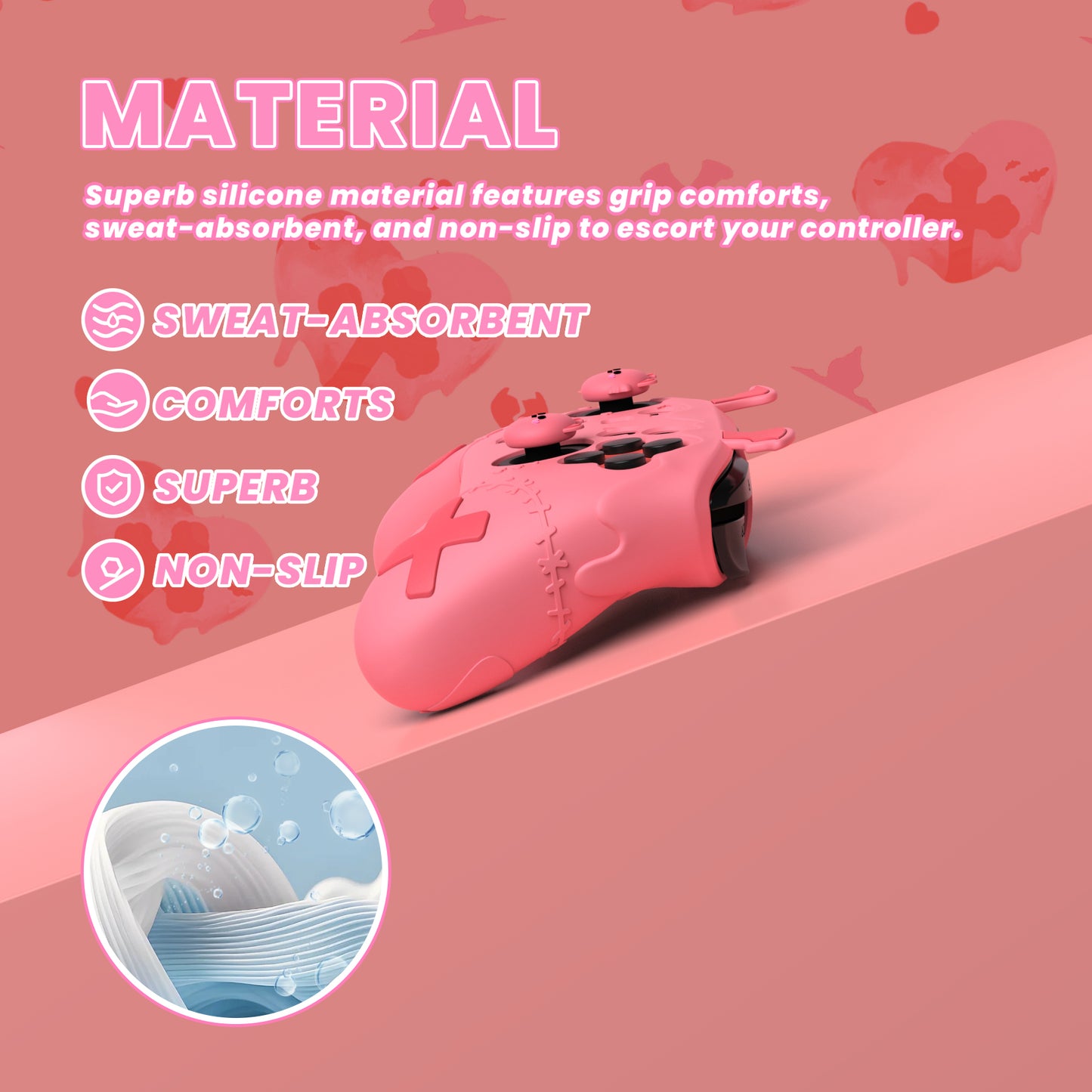 PlayVital Switch Proコントローラー対応用ゴシックインプシリーズ キュートなシリコン保護カバー、サムグリップ4つやステッカー2枚付き【ピーチピンク】