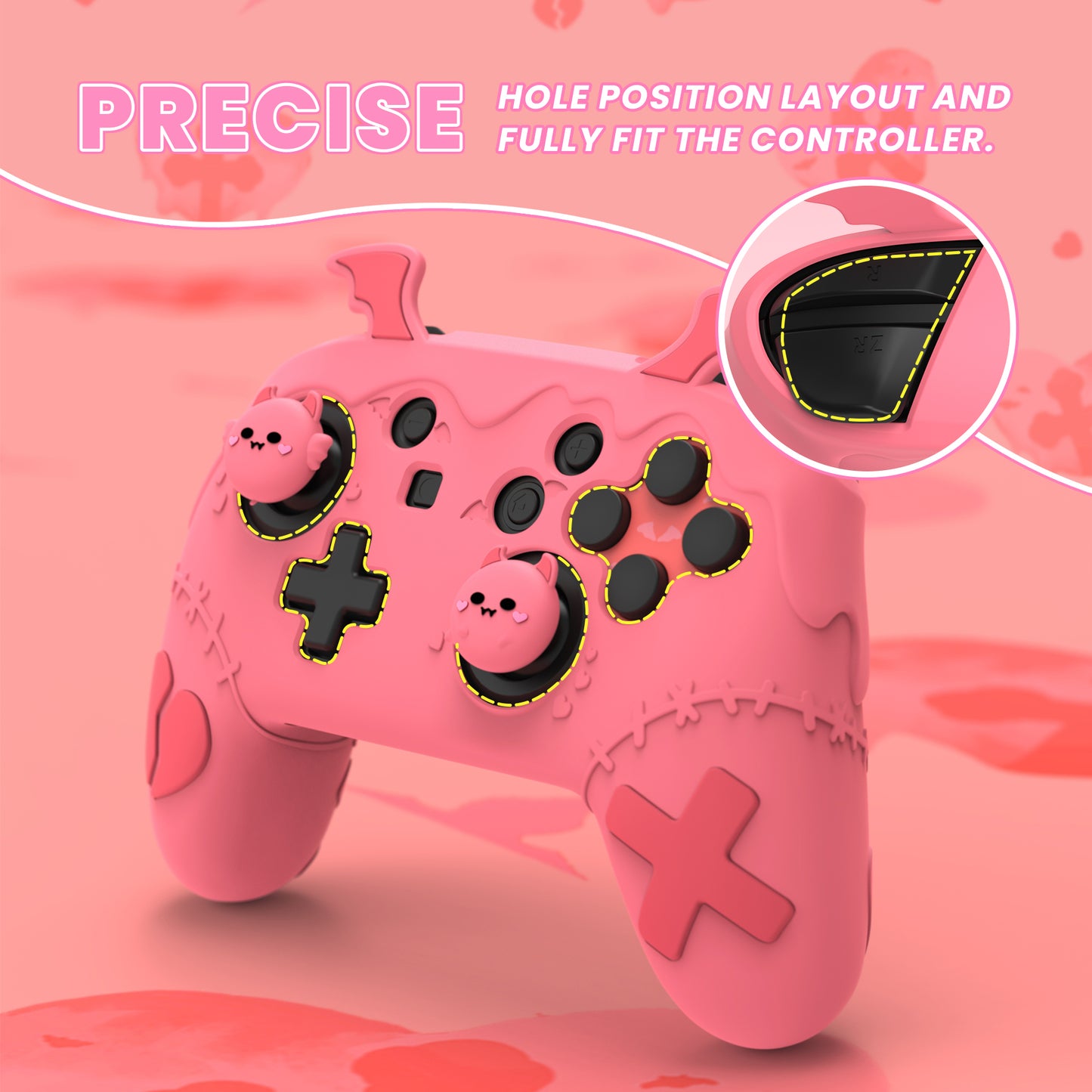 PlayVital Switch Proコントローラー対応用ゴシックインプシリーズ キュートなシリコン保護カバー、サムグリップ4つやステッカー2枚付き【ピーチピンク】