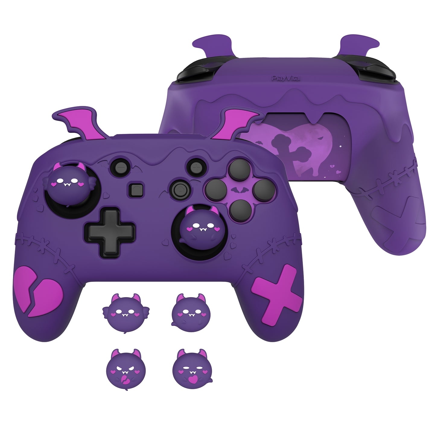 PlayVital Switch Proコントローラー対応用ゴシックインプシリーズ キュートなシリコン保護カバー、サムグリップ4つやステッカー2枚付き【パープル】