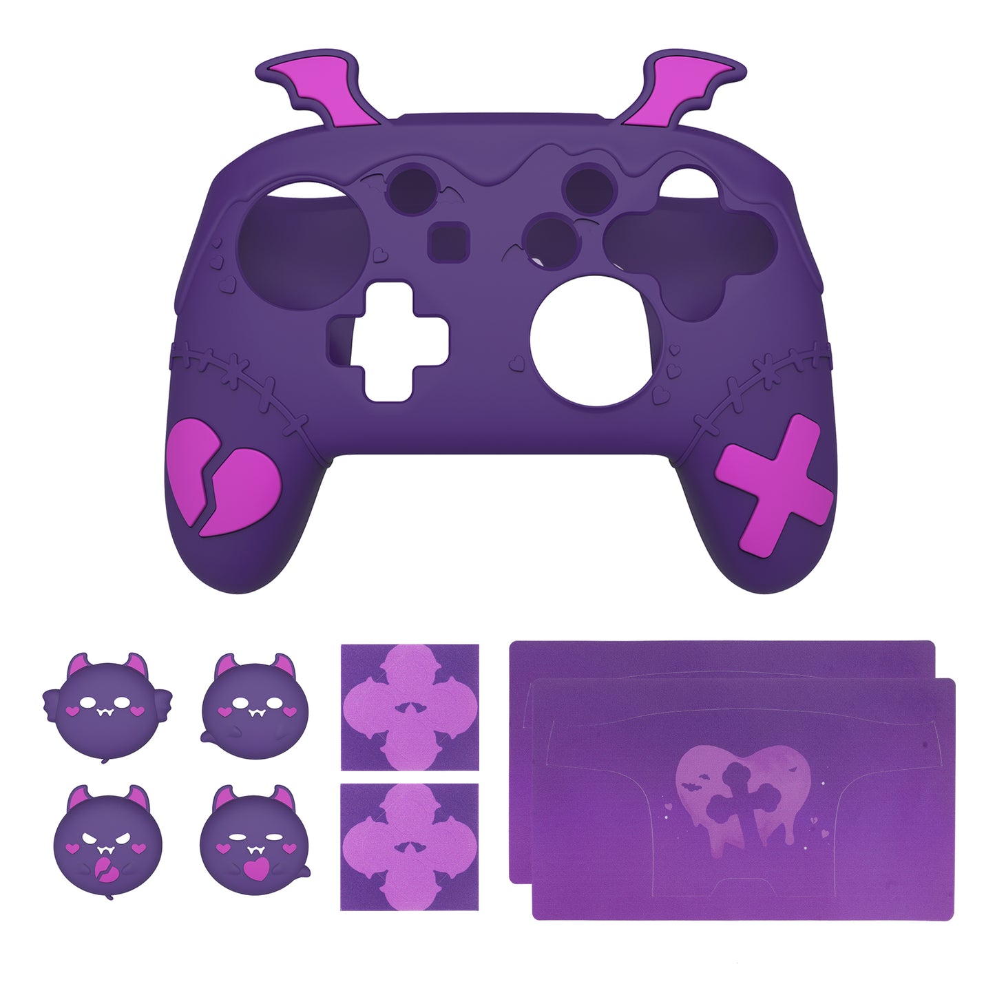 PlayVital Switch Proコントローラー対応用ゴシックインプシリーズ キュートなシリコン保護カバー、サムグリップ4つやステッカー2枚付き【パープル】