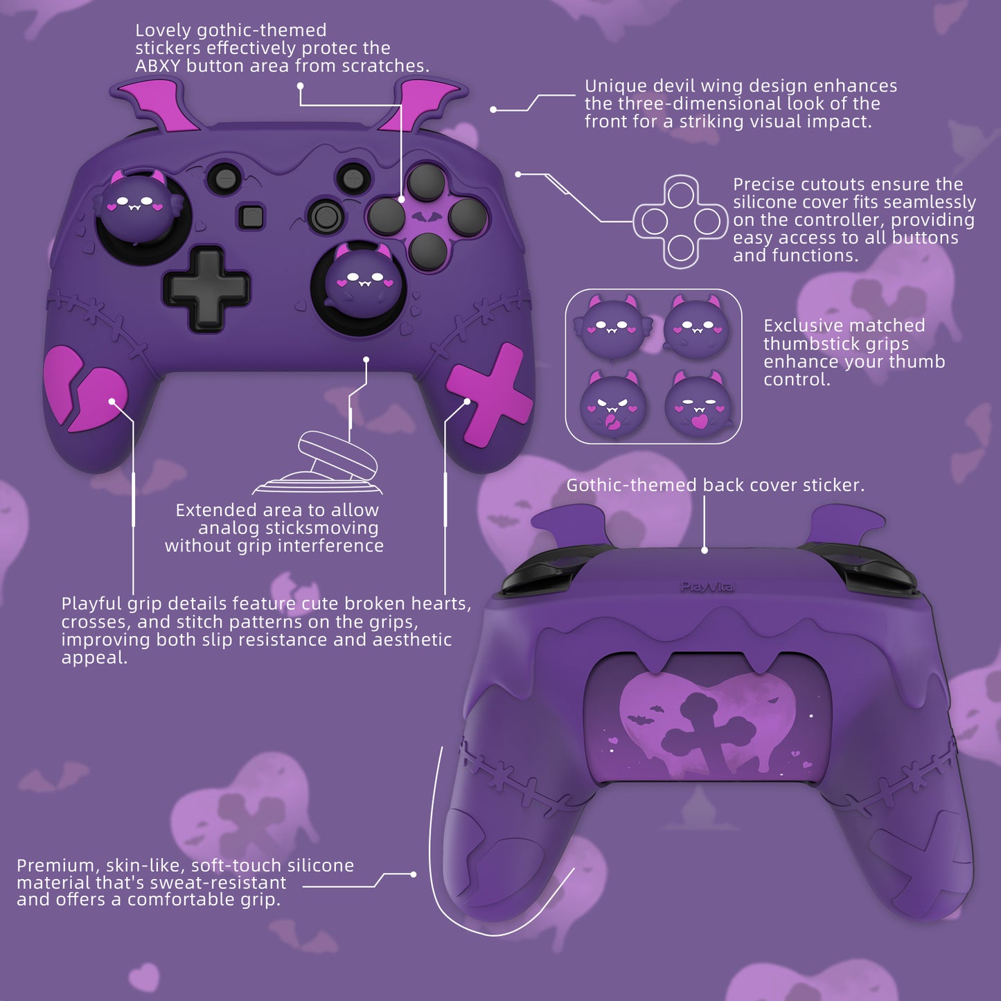 PlayVital Switch Proコントローラー対応用ゴシックインプシリーズ キュートなシリコン保護カバー、サムグリップ4つやステッカー2枚付き【パープル】