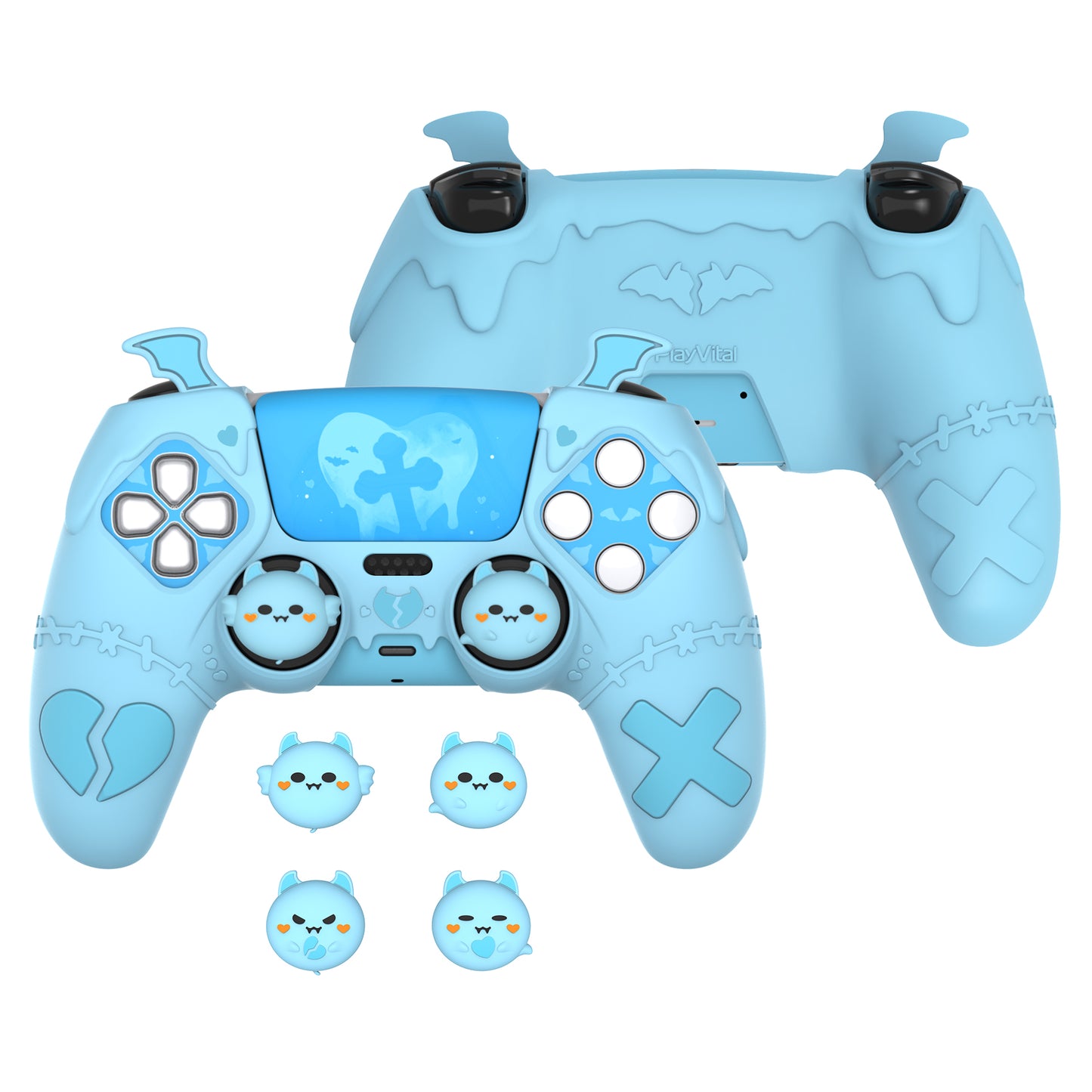 PlayVital ゴシックインプシリーズ かわいいシリコンケース(サムグリップとステッカー付き) PS5コントローラー用、PS5公式充電ドック対応【ブルー】
