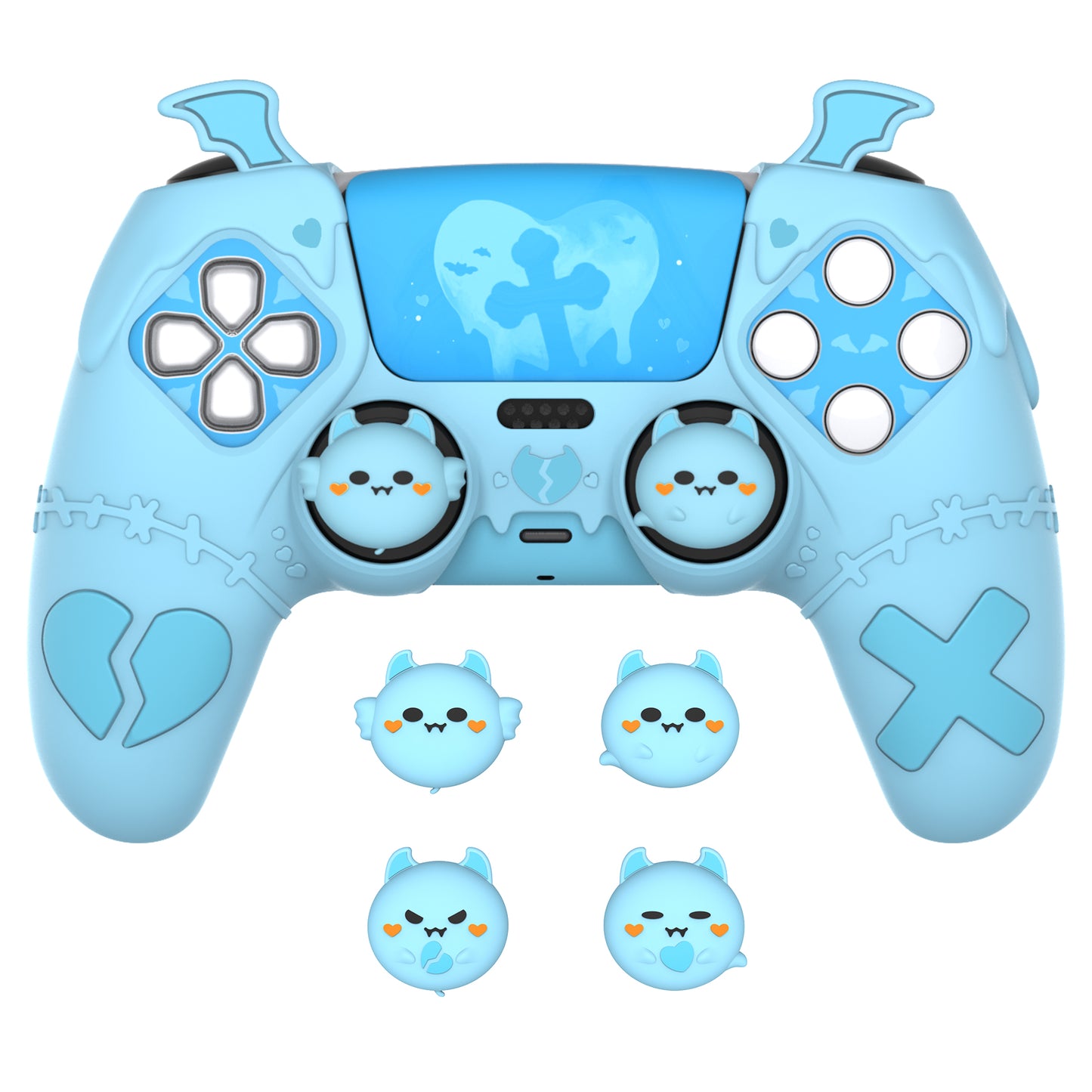 PlayVital ゴシックインプシリーズ かわいいシリコンケース(サムグリップとステッカー付き) PS5コントローラー用、PS5公式充電ドック対応【ブルー】