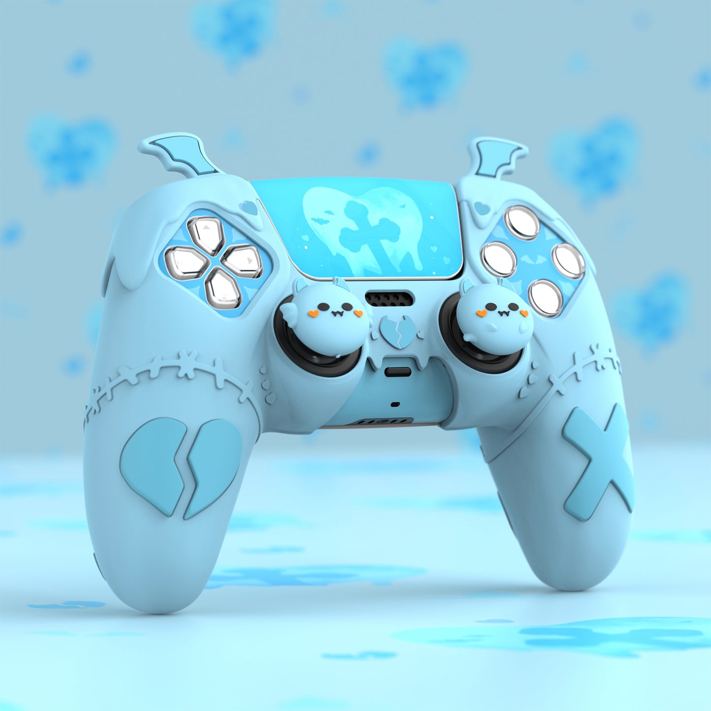 PlayVital ゴシックインプシリーズ かわいいシリコンケース(サムグリップとステッカー付き) PS5コントローラー用、PS5公式充電ドック対応【ブルー】