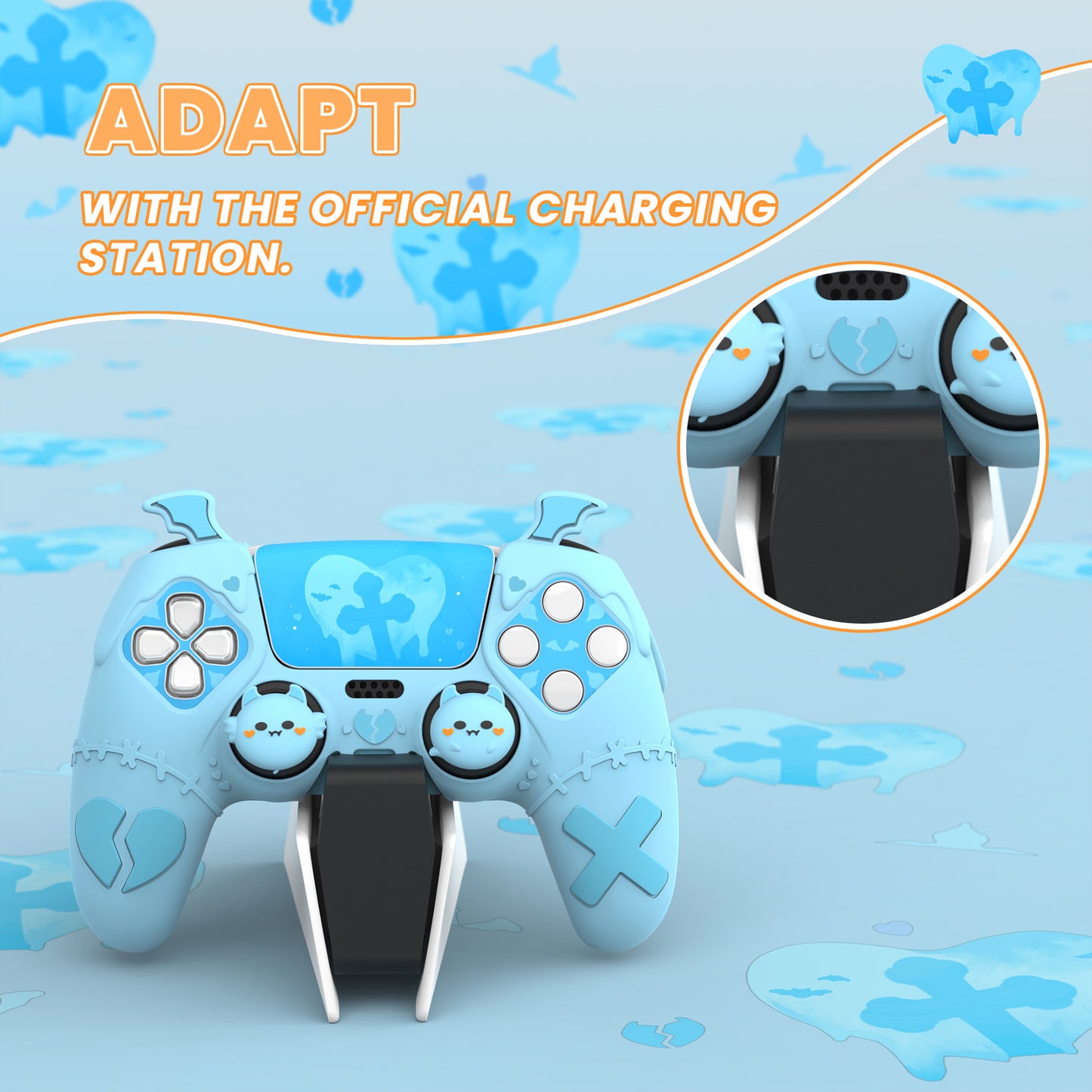 PlayVital ゴシックインプシリーズ かわいいシリコンケース(サムグリップとステッカー付き) PS5コントローラー用、PS5公式充電ドック対応【ブルー】